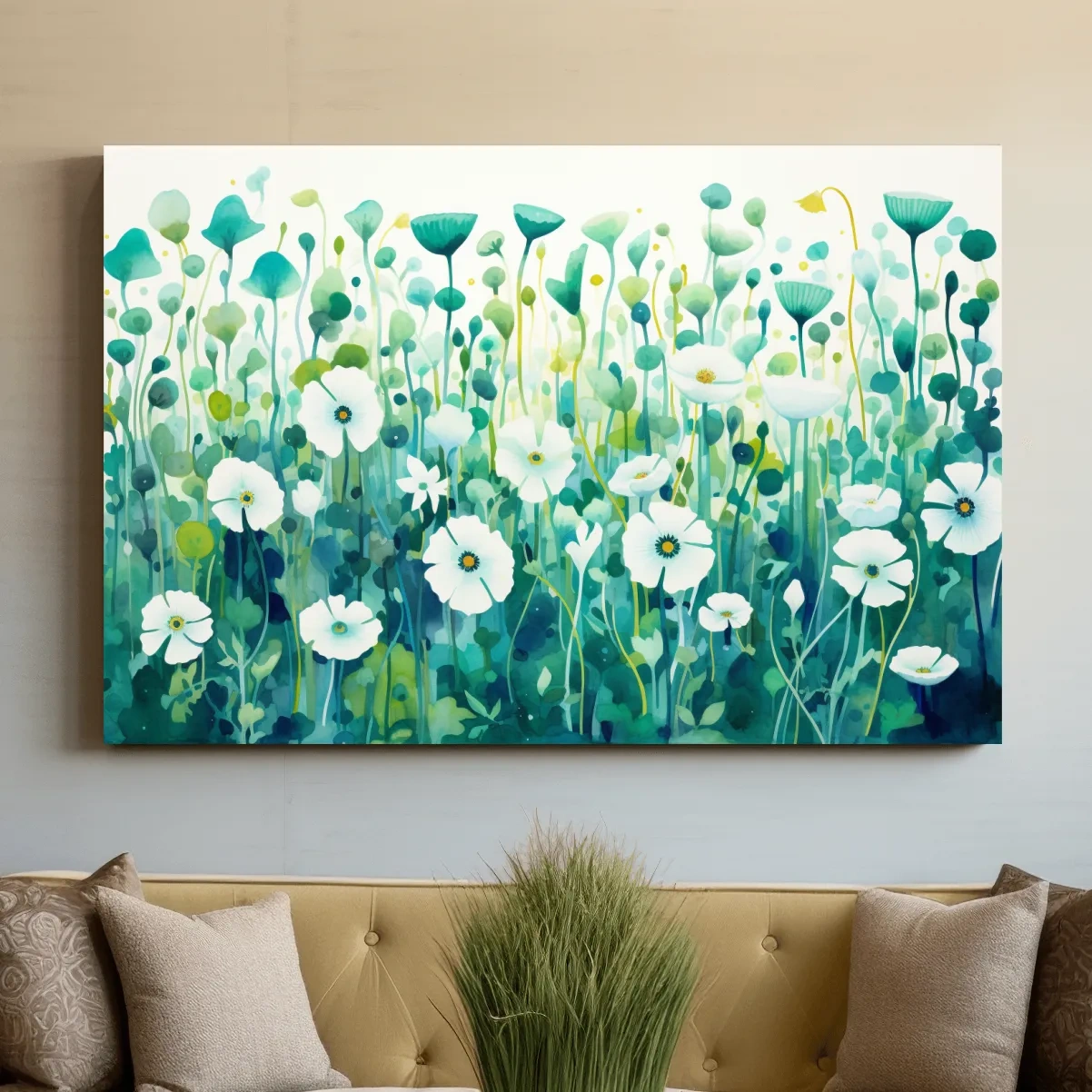 Painting of green flower patterns, colorful floral wall art