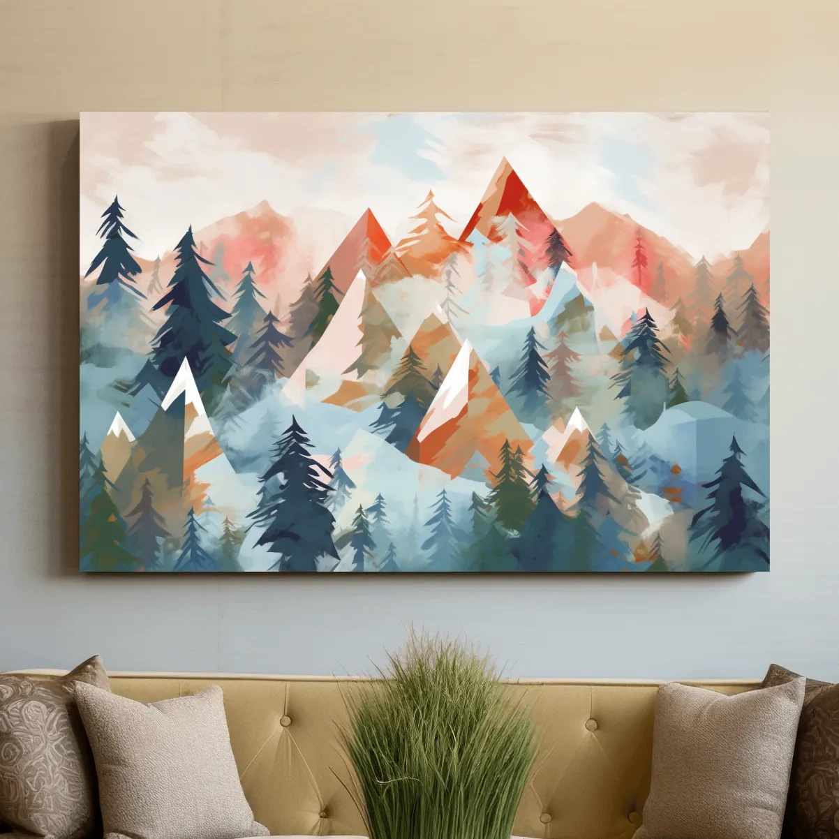 Pastel geometic alpine forest mountain painting