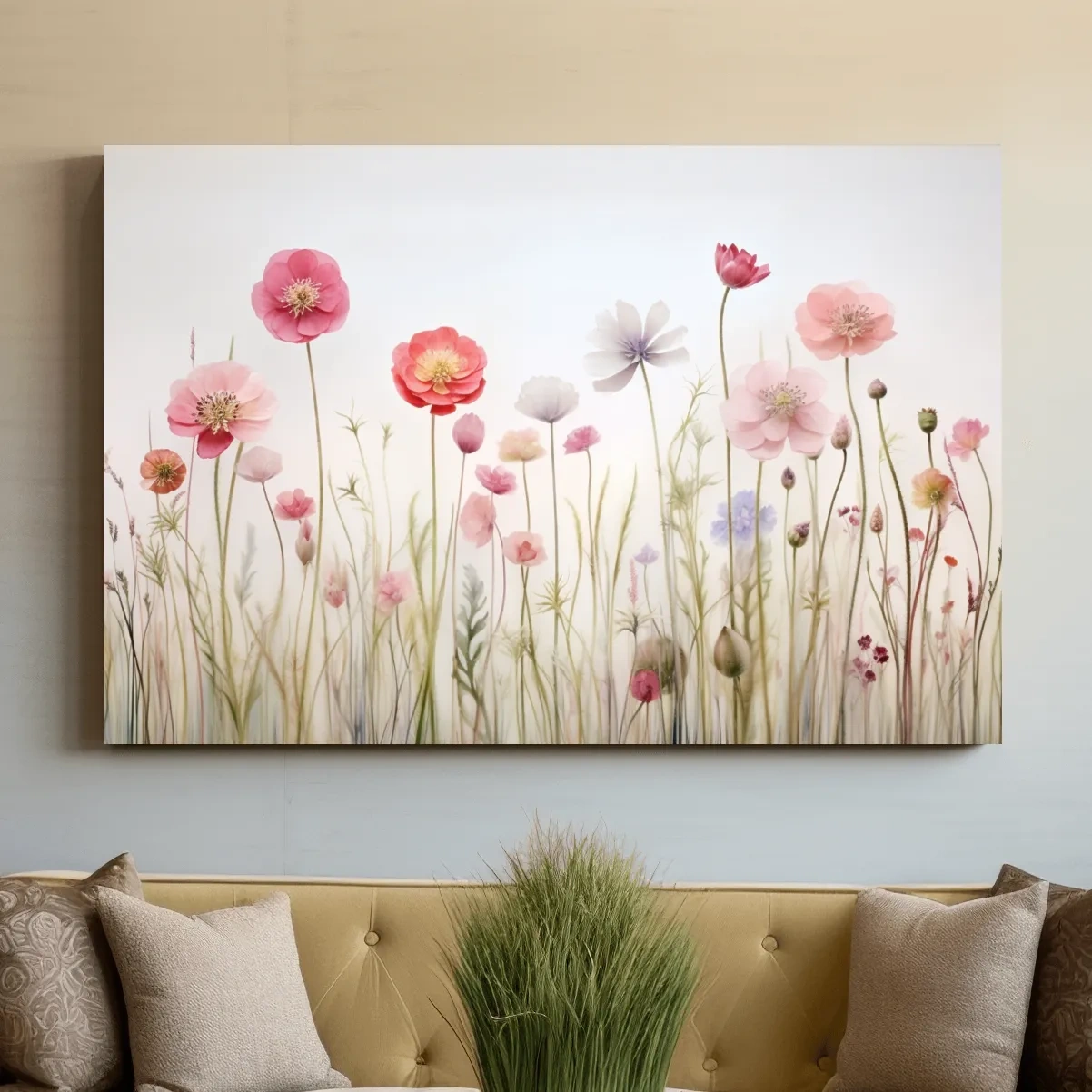 Soft Pastel Wildflower Meadow Watercolor - Minimalist Floral Botanical Wall Art