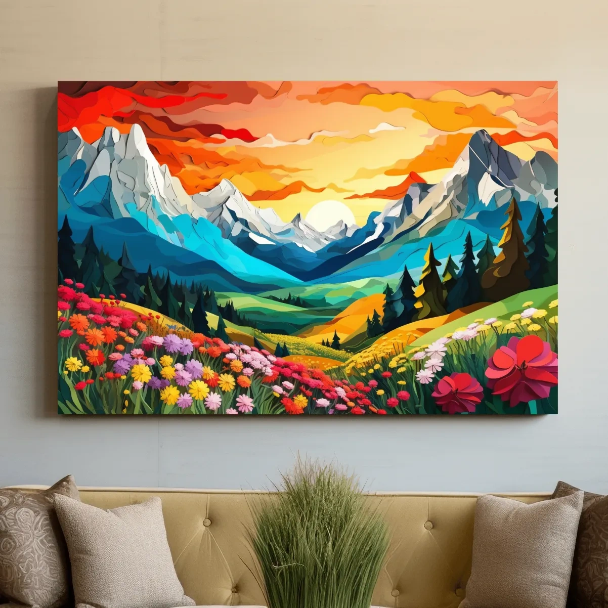 Vibrant paper cutout style art of an alpine meadow at sunset