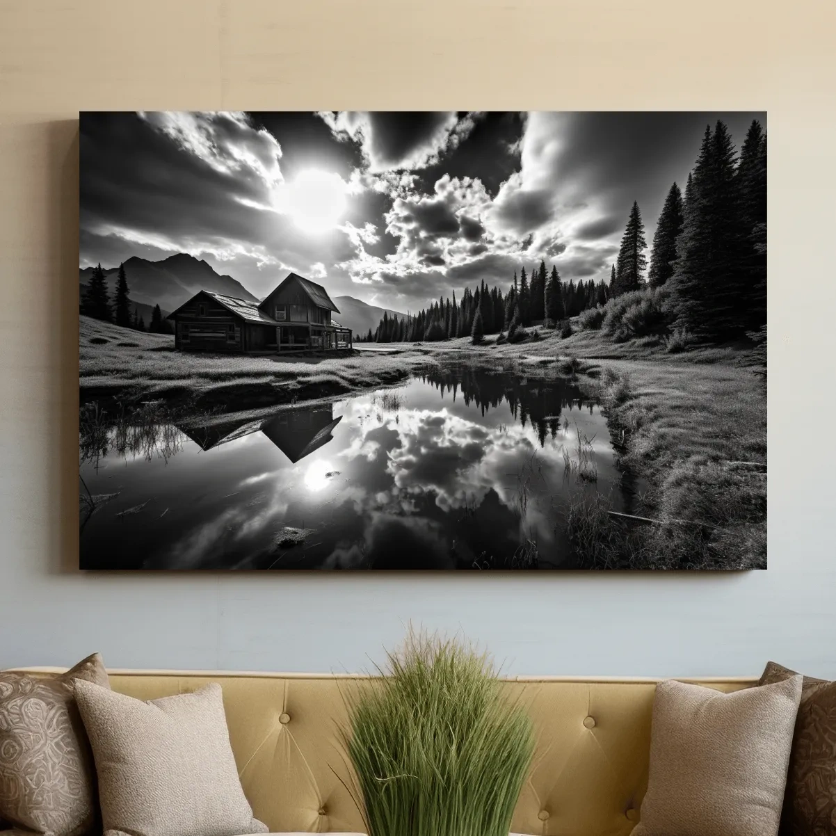 Moody Black And White Mountain Cabin Reflection - Dramatic Alpine Landscape Photography Wall Art