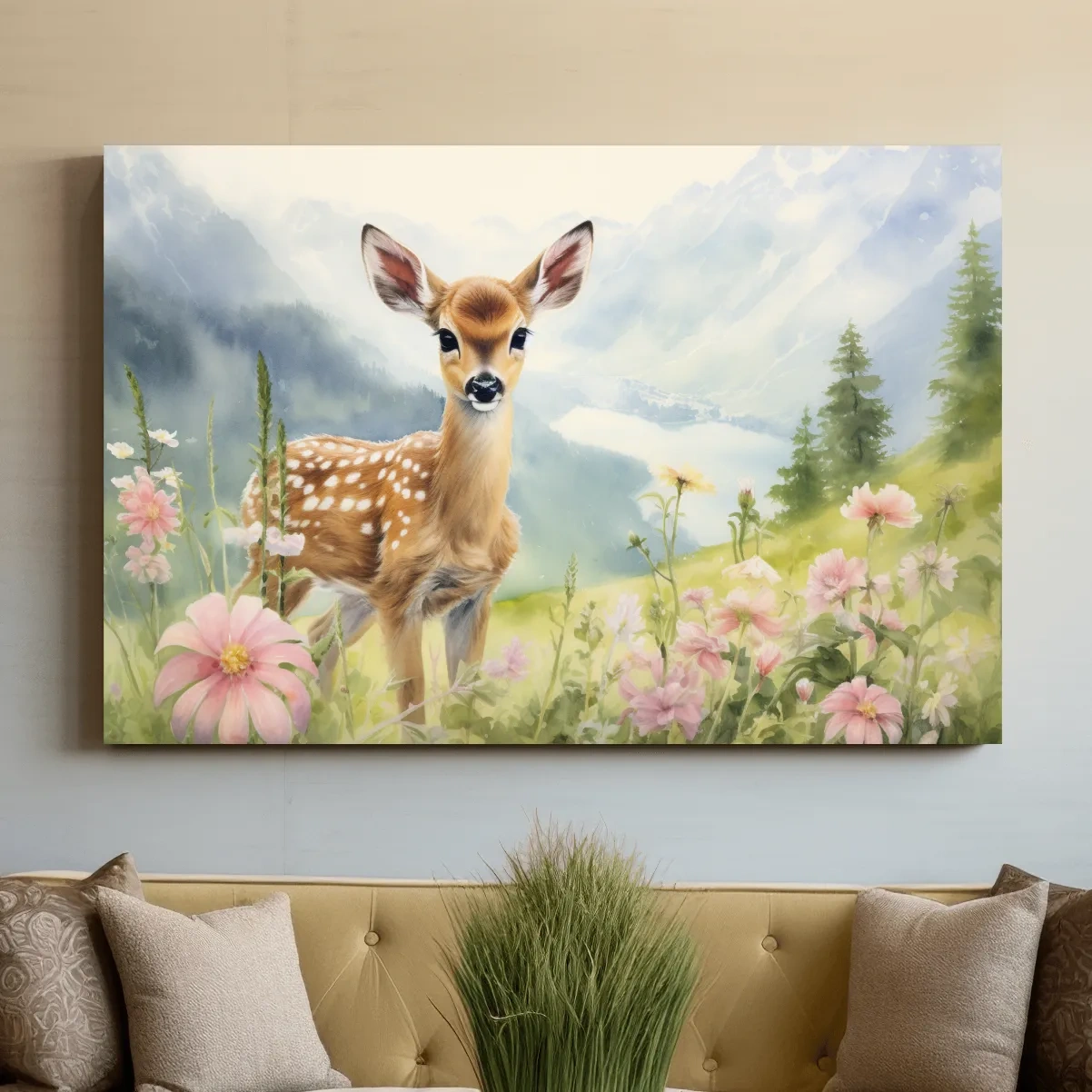 Painting of a deer fawn in the alpine meadows