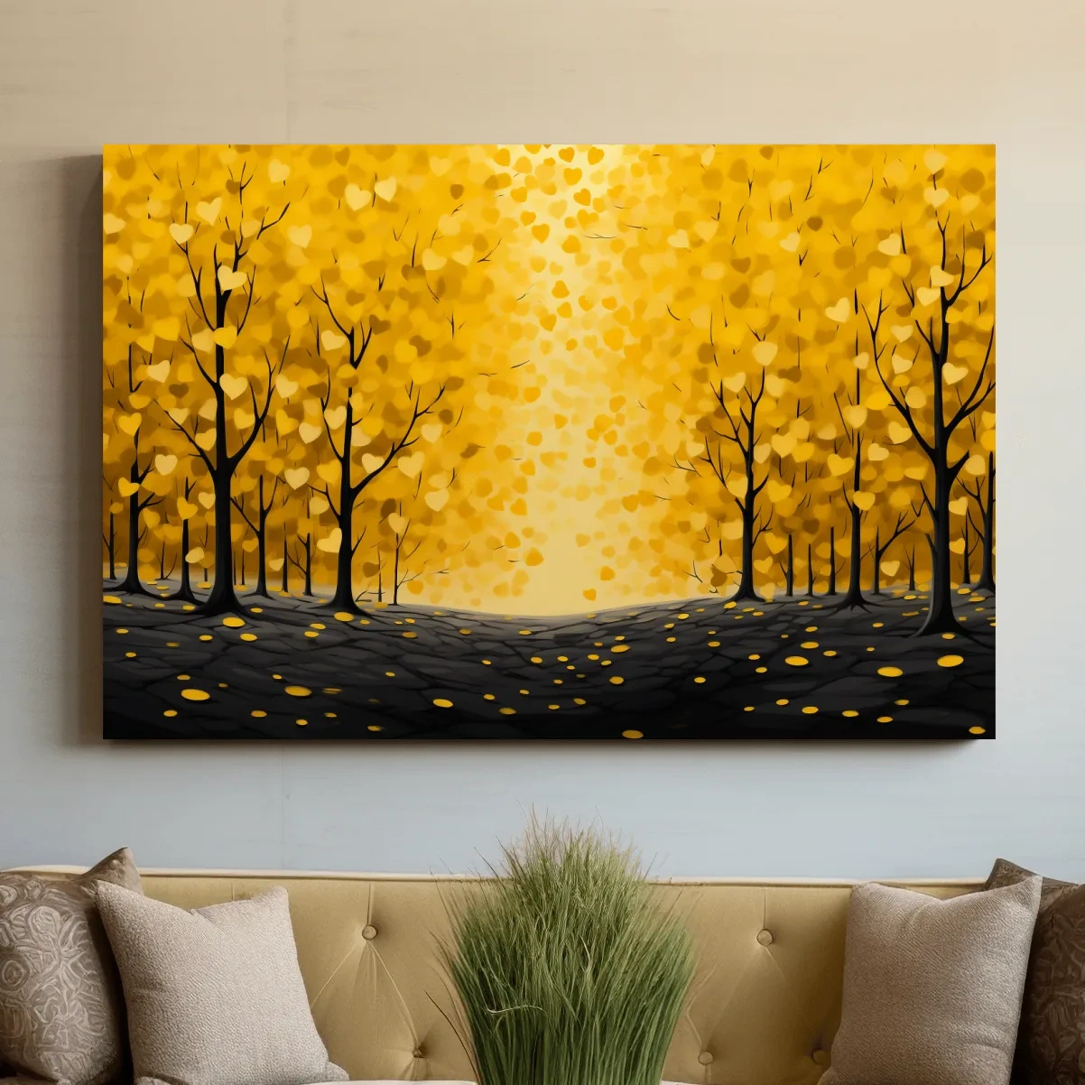 Golden Autumn Forest Canopy Painting - Warm Love Heart Wall Art