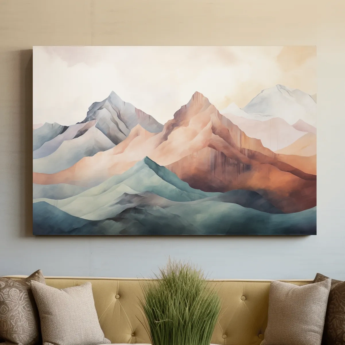 Subtle pastel mountain painting artwork on canvas
