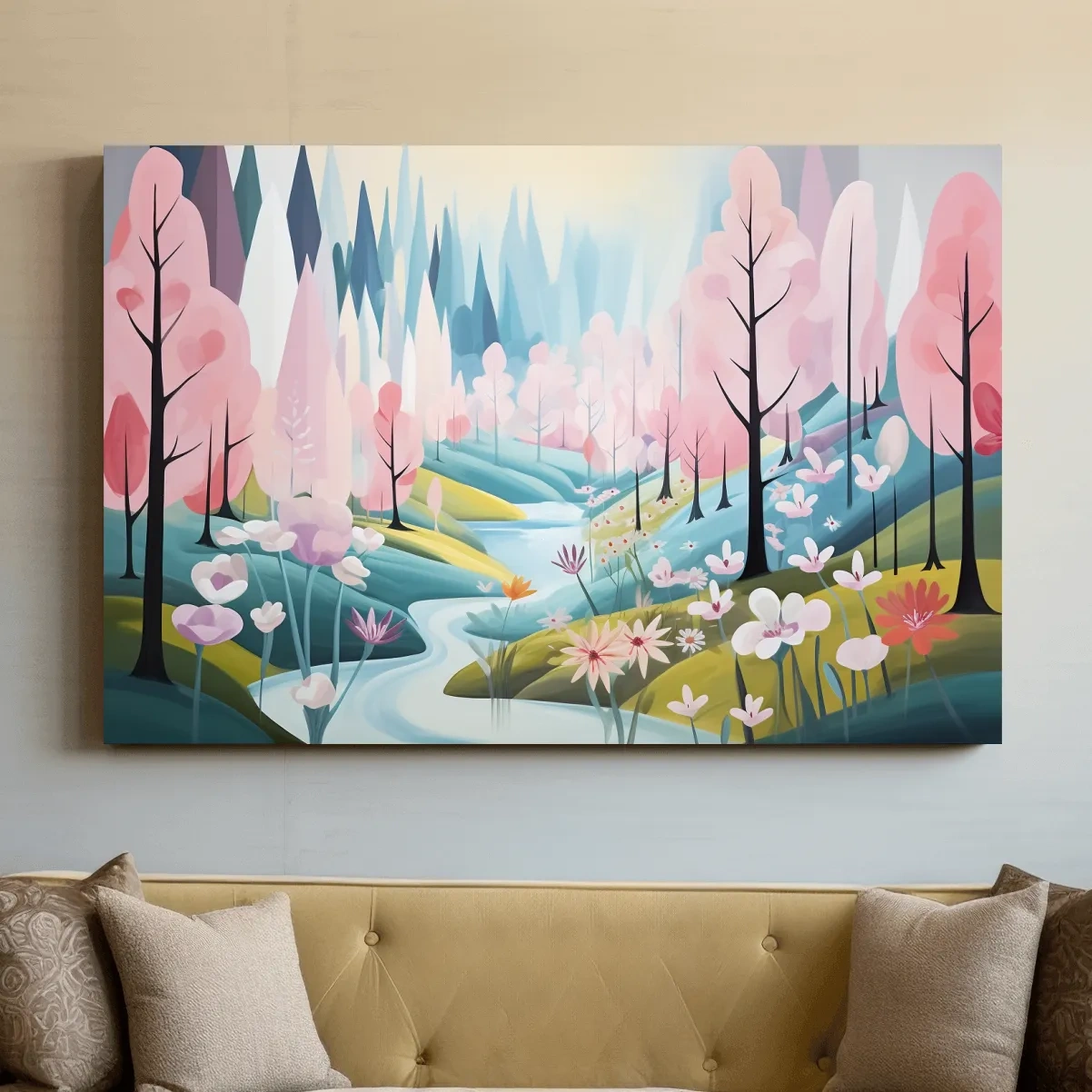 Dreamy Pastel Pink Blossom Forest - Whimsical Floral Landscape Wall Art