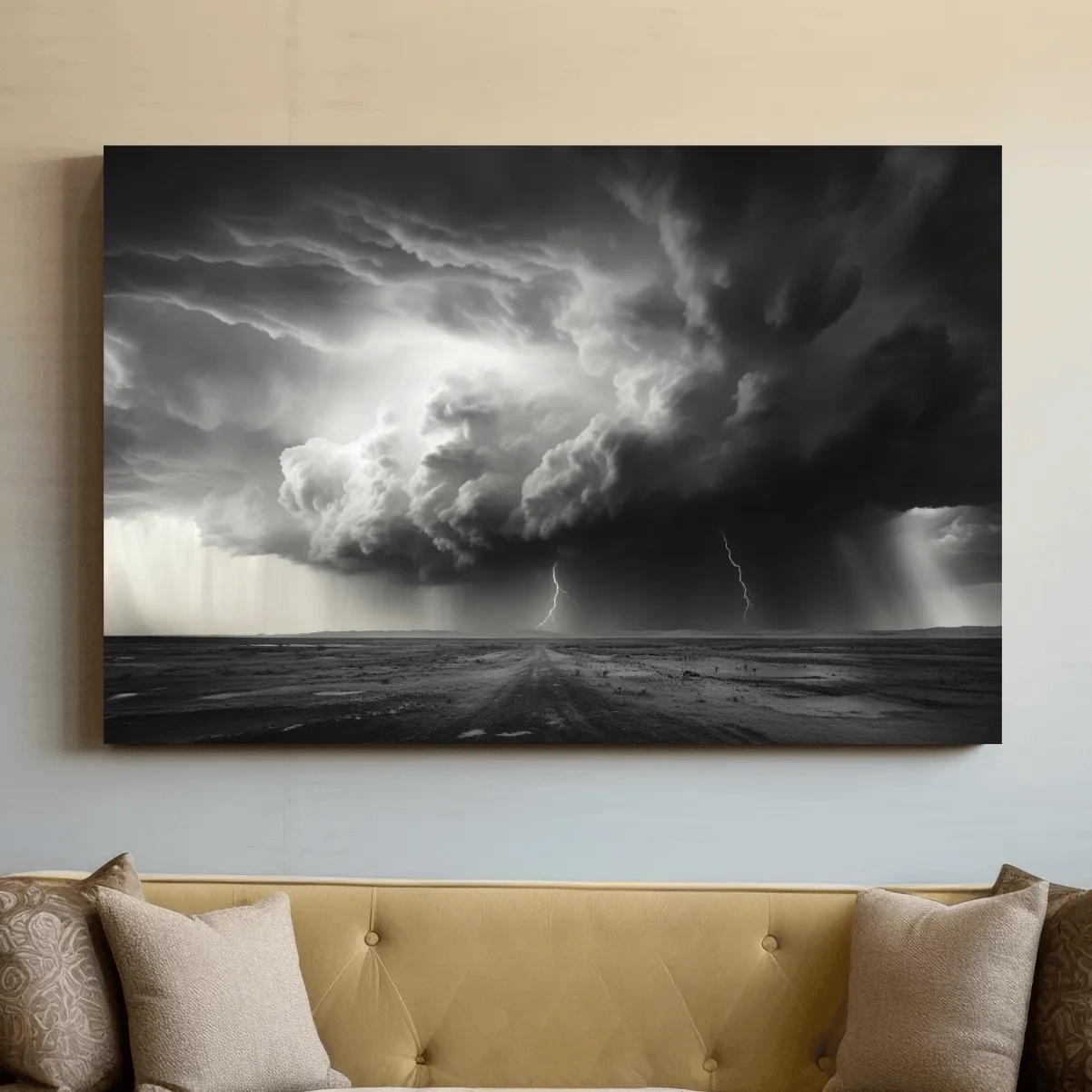 Moody Monochrome Thunderstorm Lightning Landscape - Dramatic Storm Cloud Wall Art