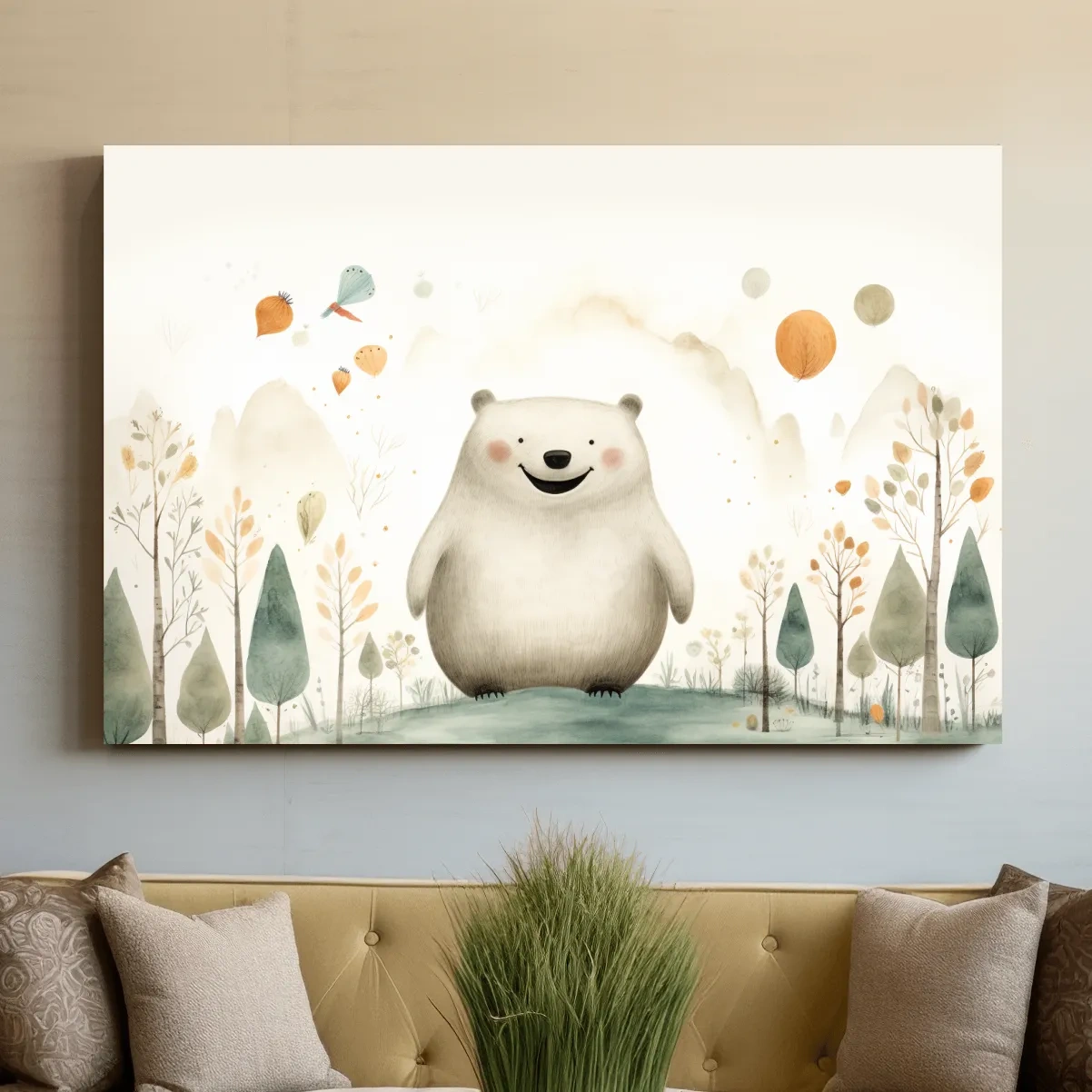 Storybook nursery art, happy bear in the forest
