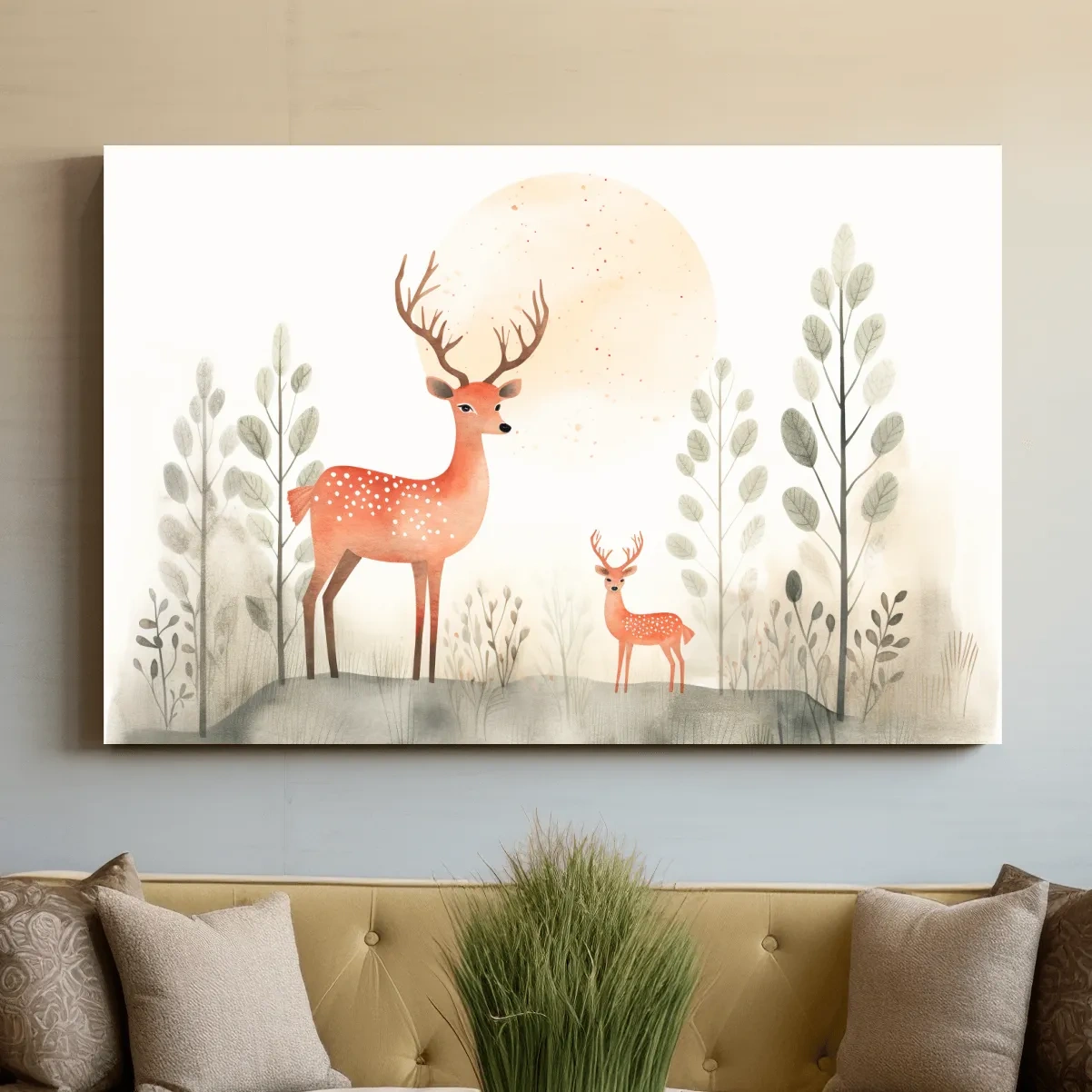 Storybook childrens illustration art, cute deer family in the forest, nursery wall art