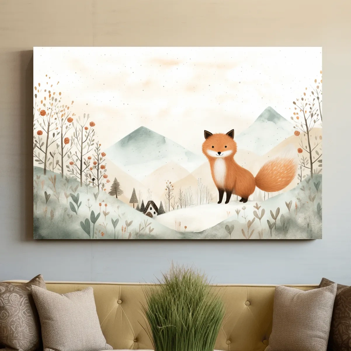 Whimsical Watercolor Fox In Pastel Mountains - Cute Nursery Animal Wall Art
