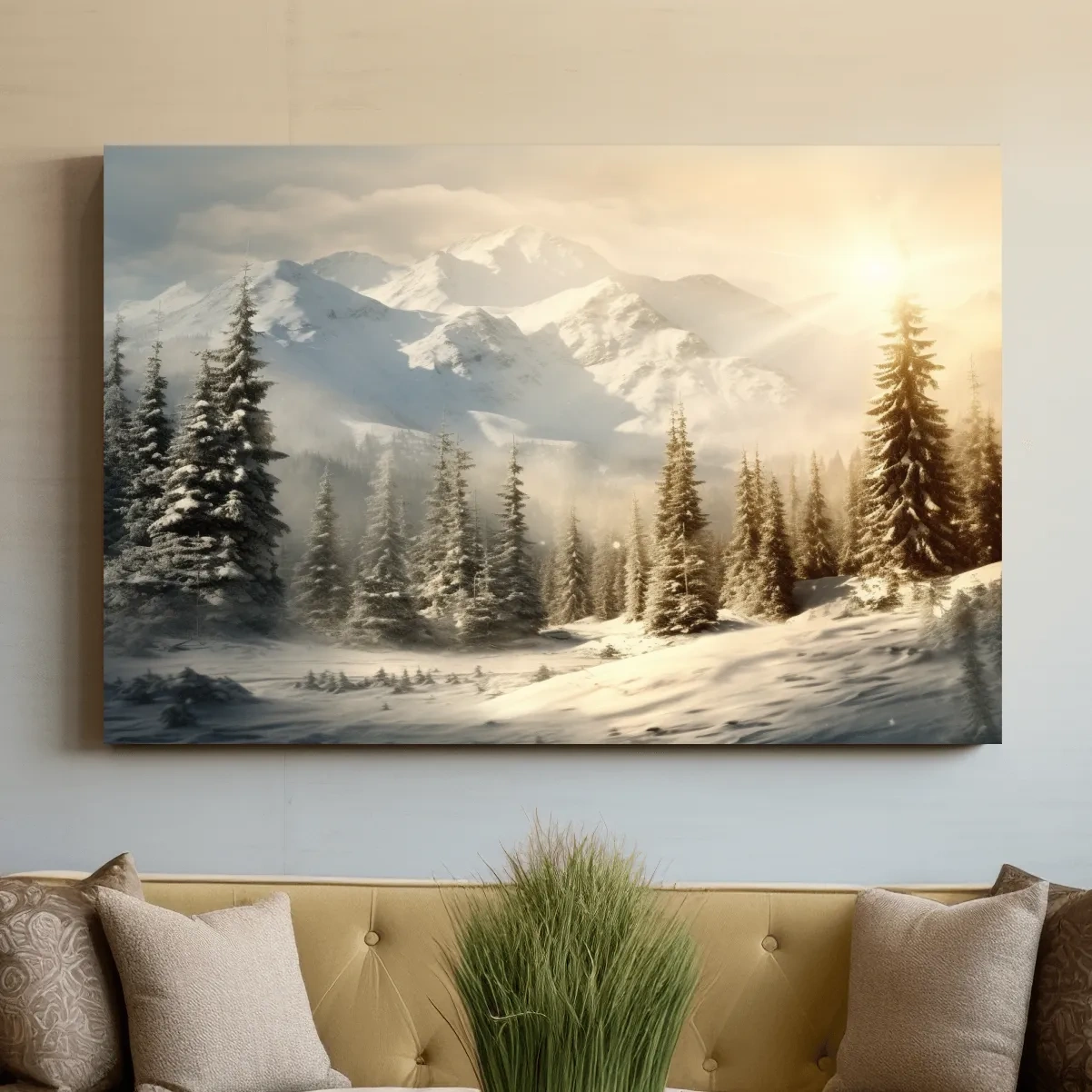 Golden Sunrise Snowy Mountain Landscape - Serene Winter Pine Forest Wall Art