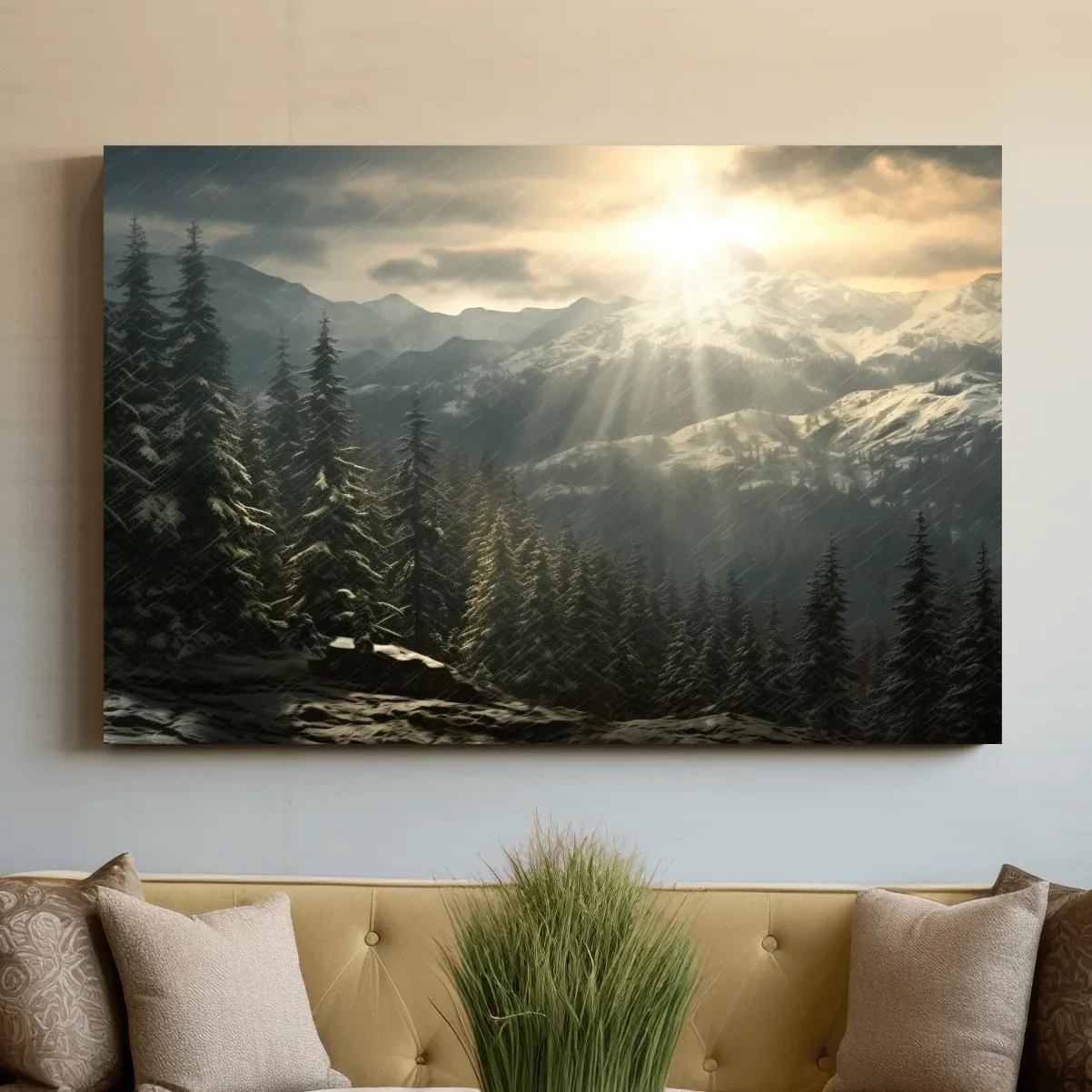 Sunset snowstorm, realistic snow mountain painting
