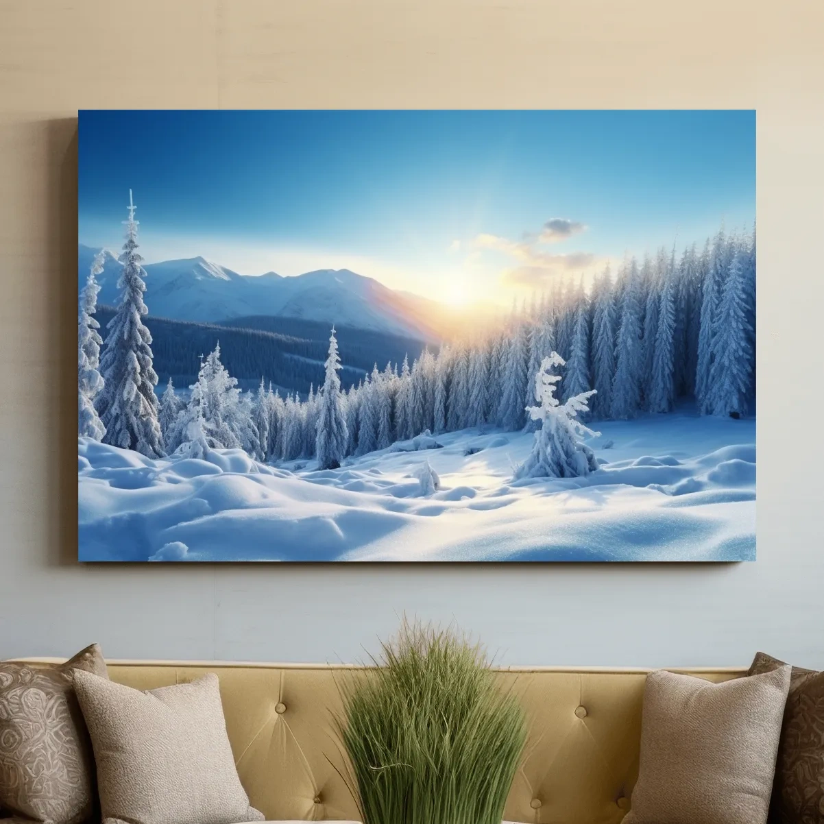 Snow covered alpine trees in the sun, photographic art