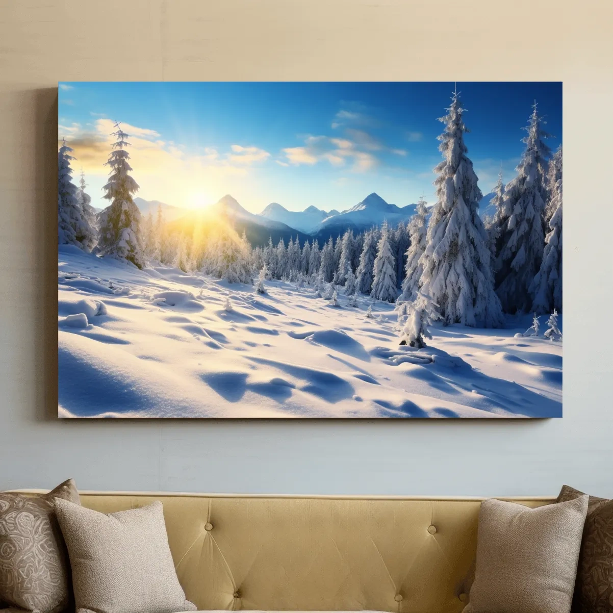 Snowy Sunrise Alpine Forest Landscape - Serene Photographic Nature Wall Art