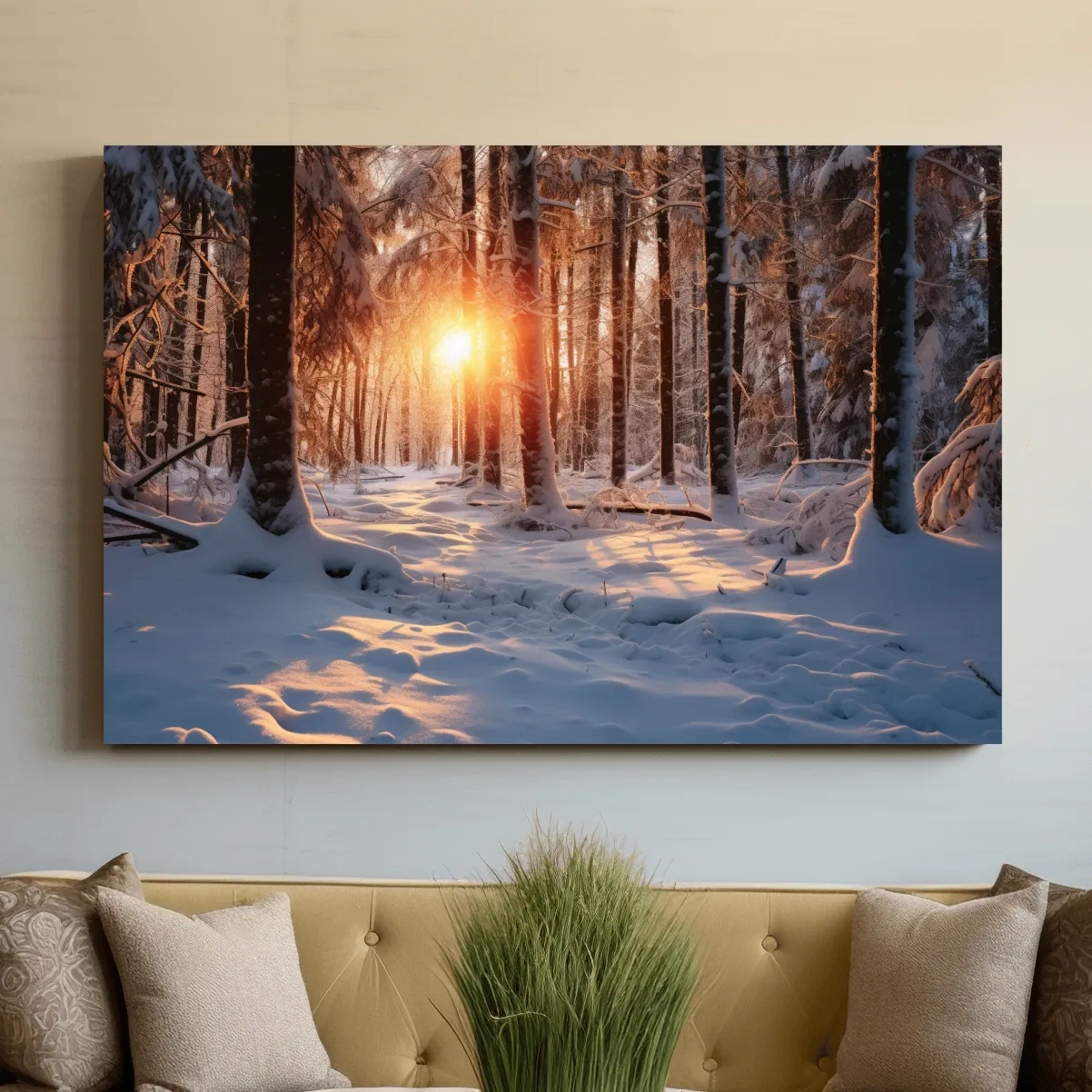Snow covered forest at sunset, photograph