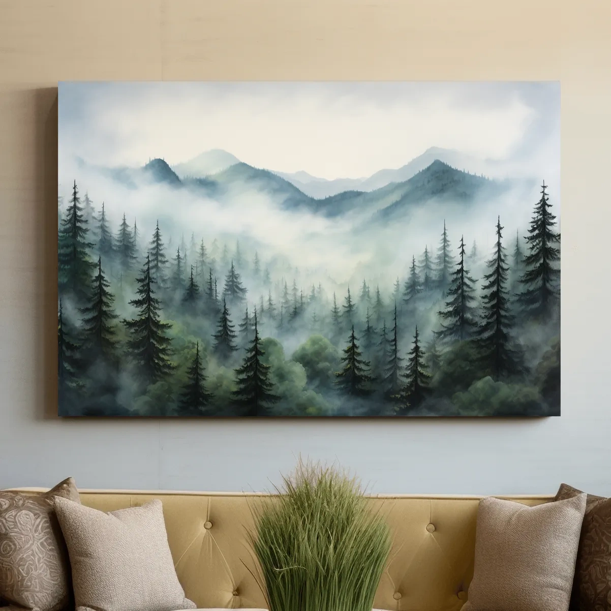 Painting of fog rolling through the trees and mountains