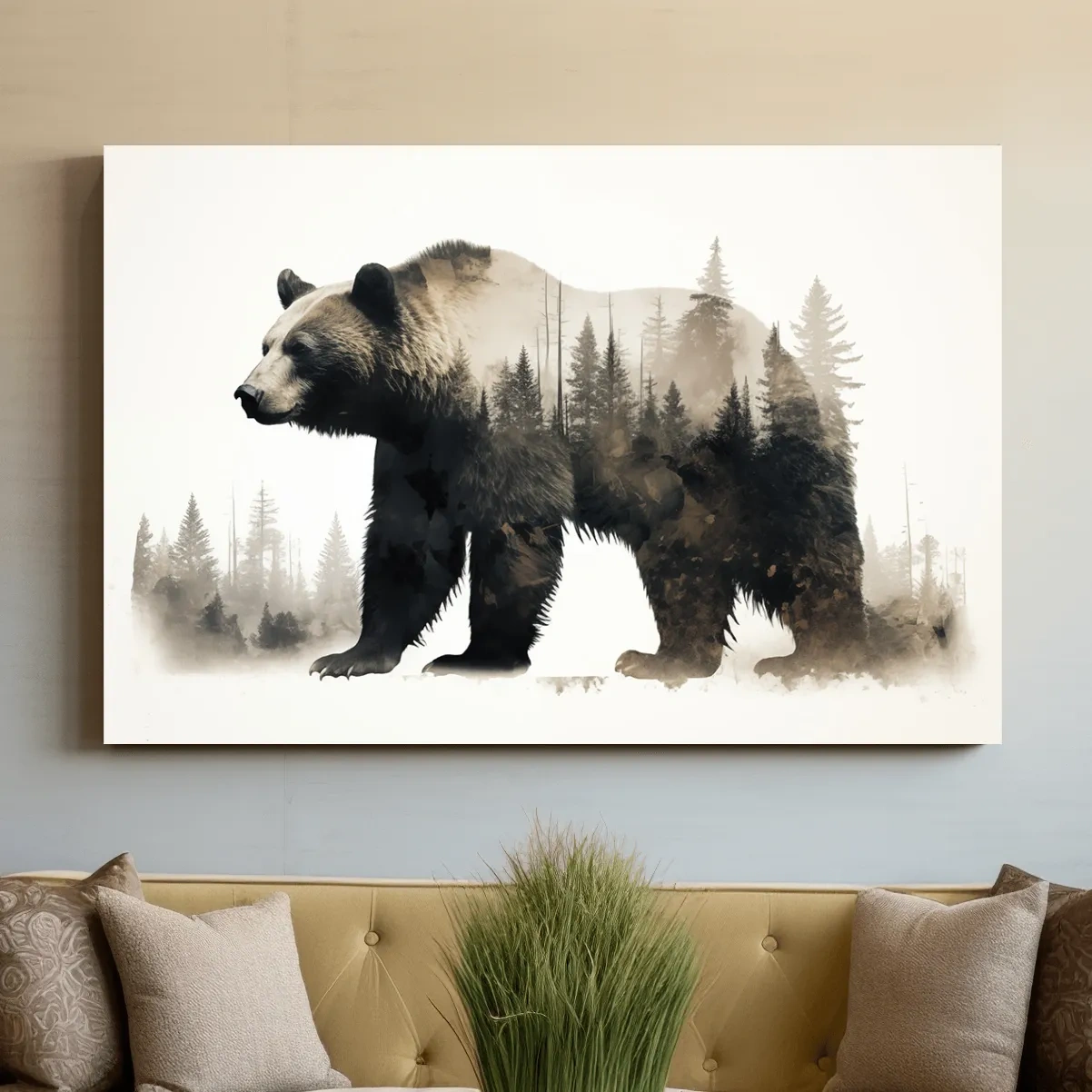Double exposure artwork, a grizzly bear and a forest