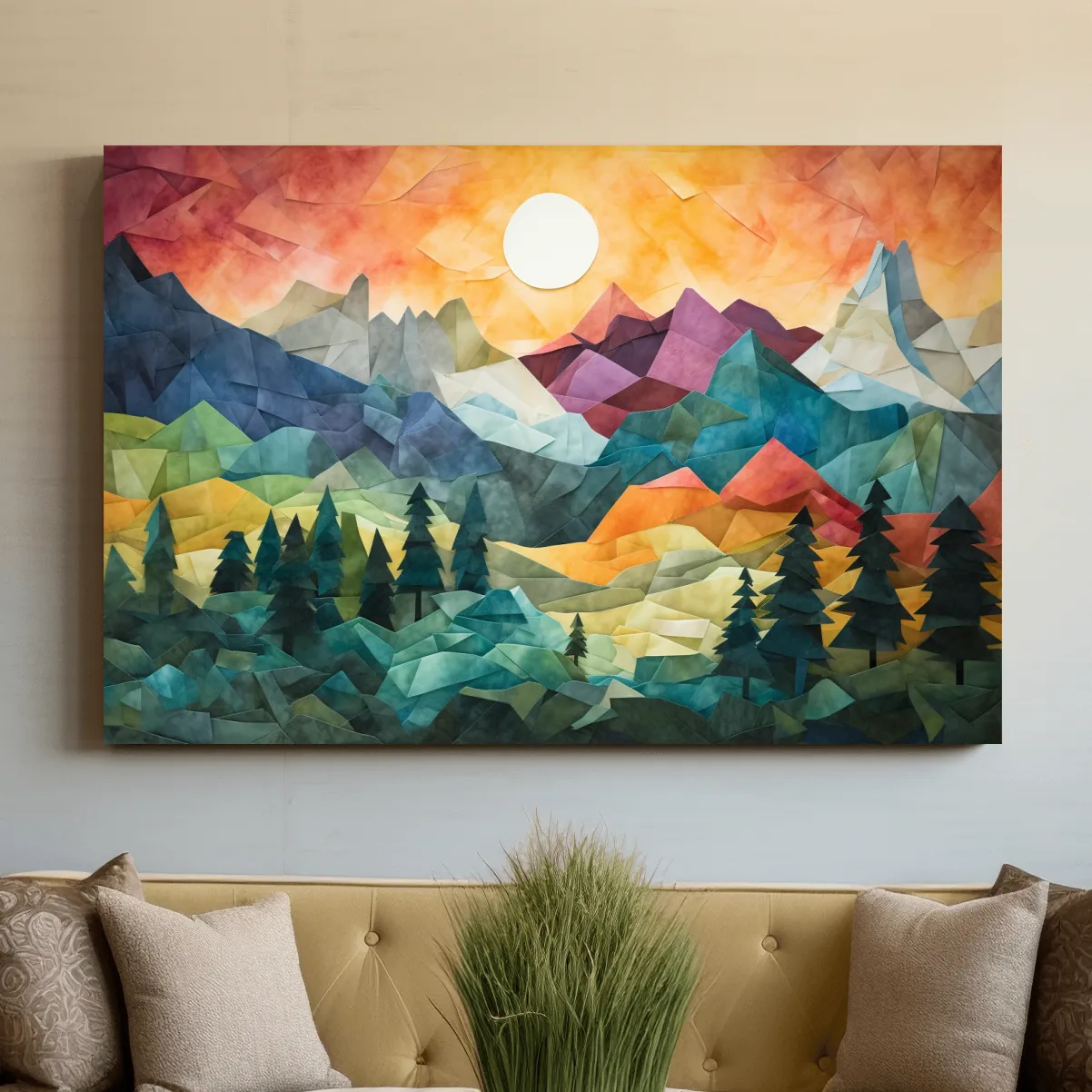 Abstract alpine mountain art at sunset, mixed media patchwork style