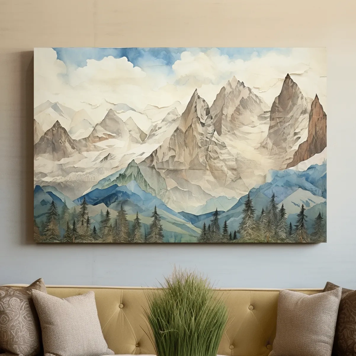 Glacier alpine forest artwork, textured effect mixed-media style wall art