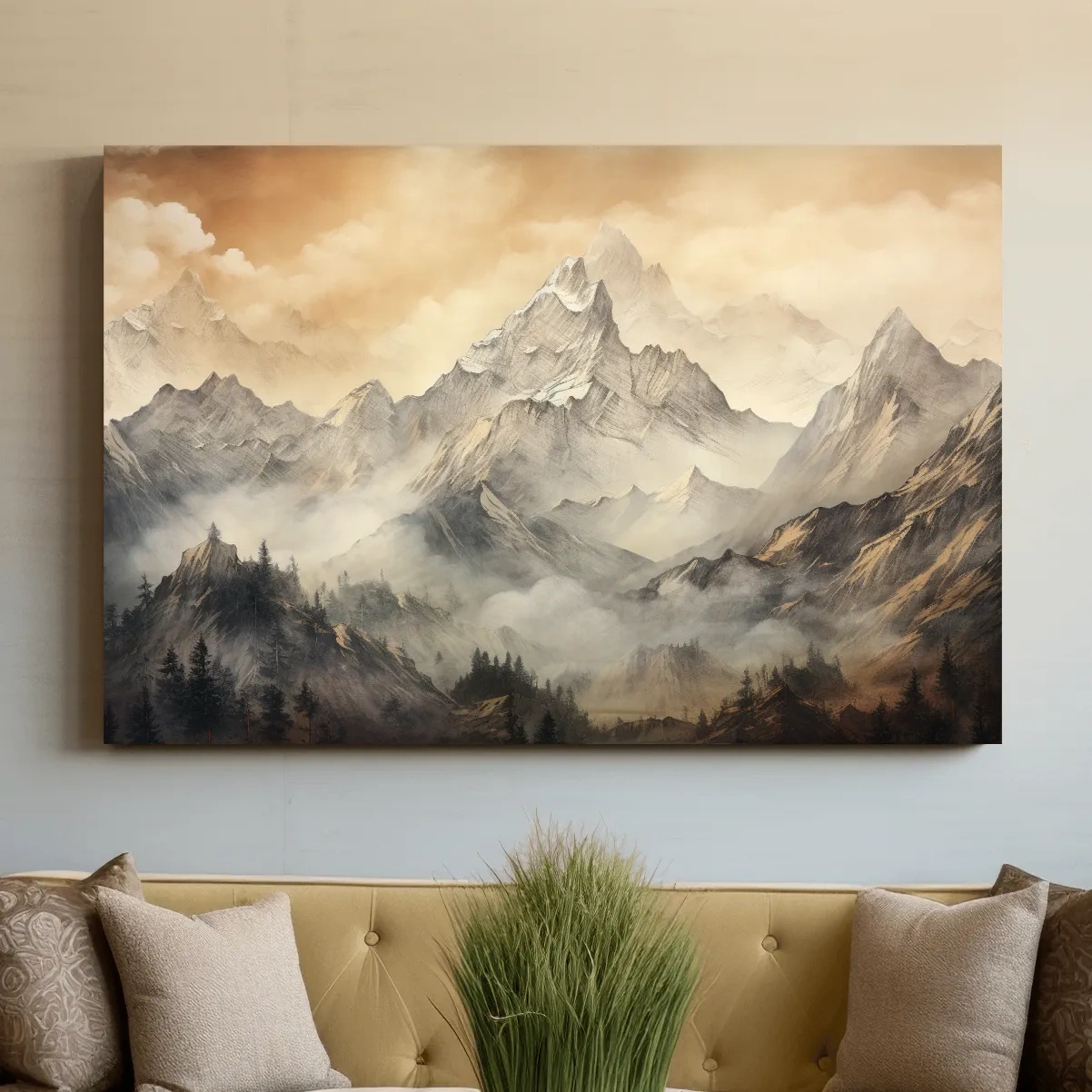 Alpine glacier scene at sunset, sketch style drawing artwork, high alpine landscape wall art