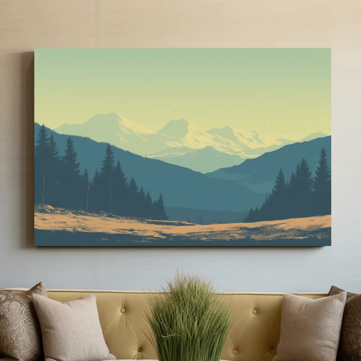 Pacific North West hazy glacier mountain scene, postcard style vector artwork