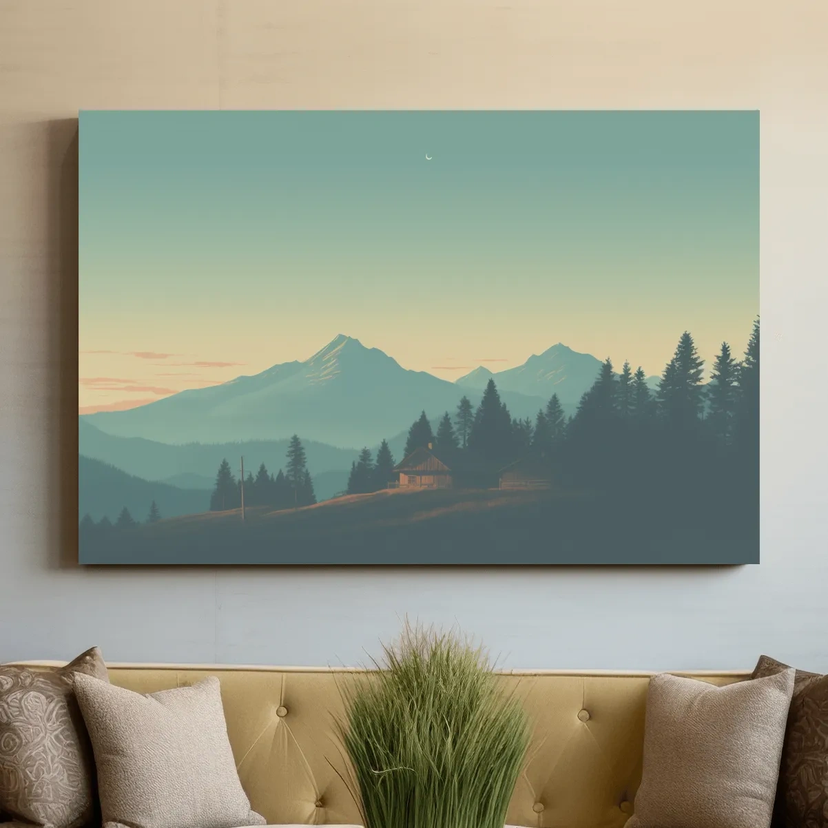 Hazy Alpine Cabin Mountain Sunset - Serene Vintage Landscape Wall Art