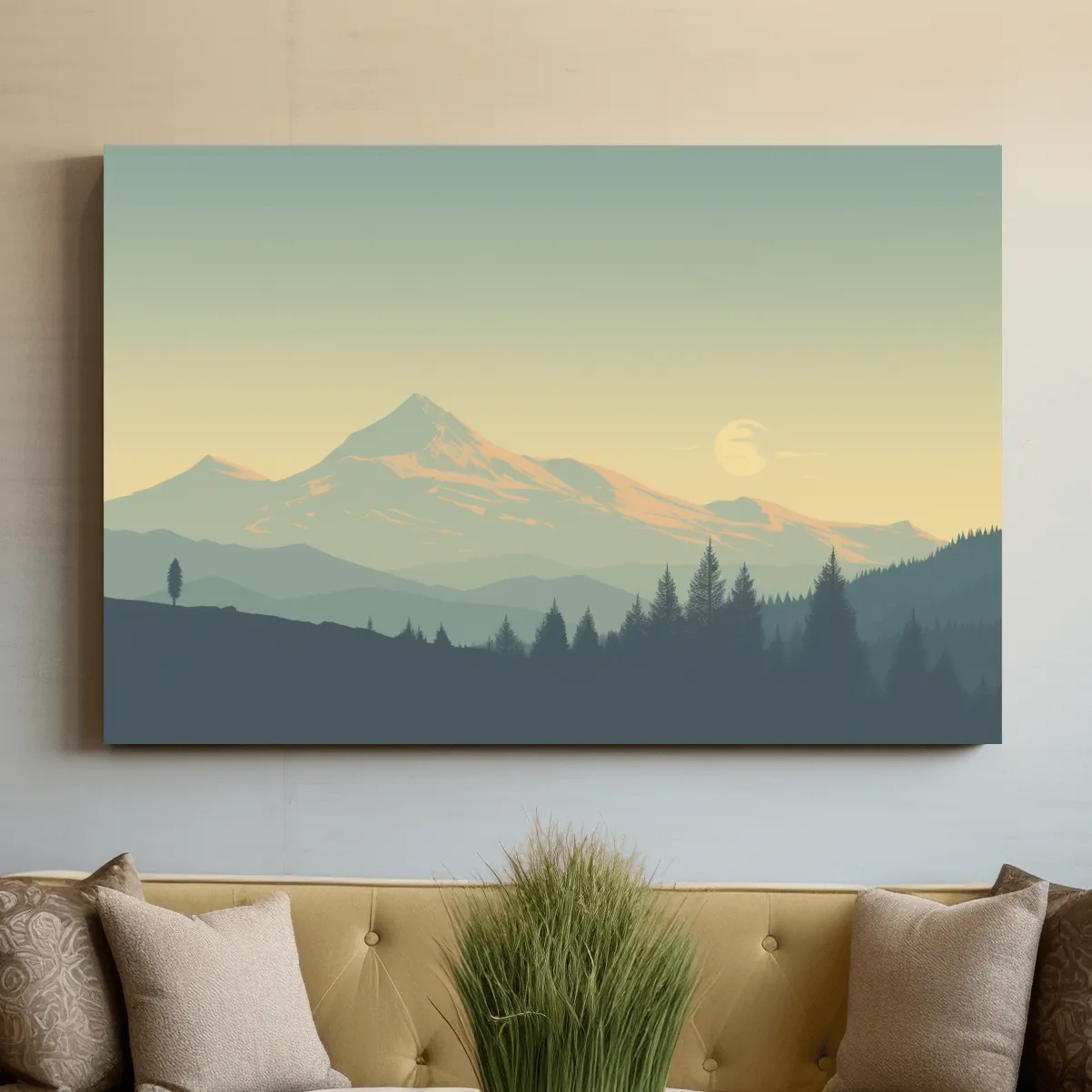 Dusk over the glacier, hazy forest silhouette vector illustration