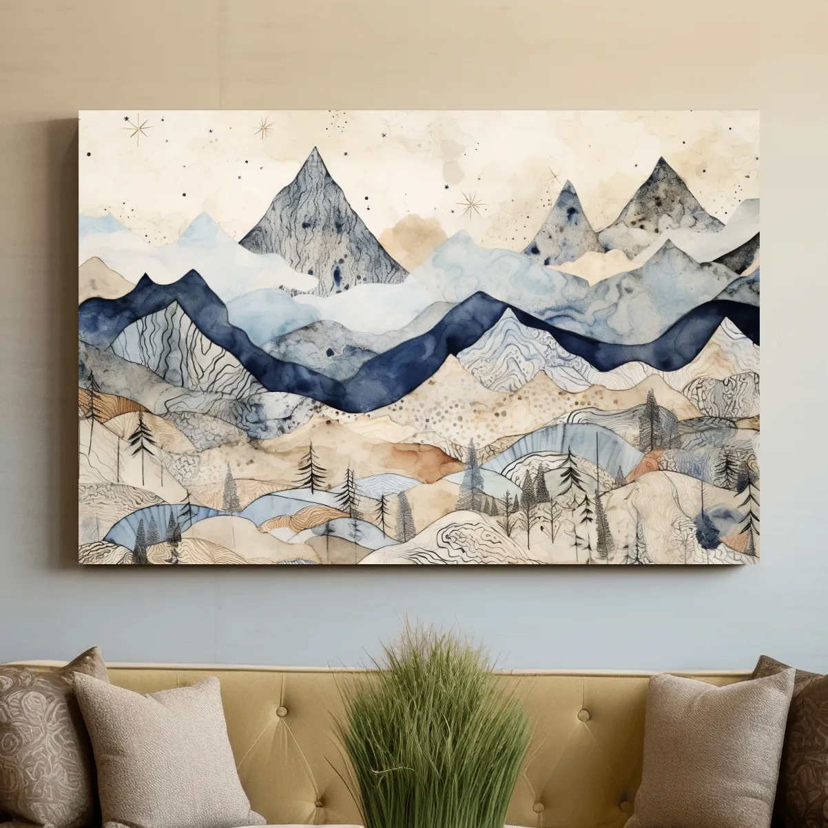 Patchwork Watercolor Mountain Range - Modern Alpine Landscape Wall Art