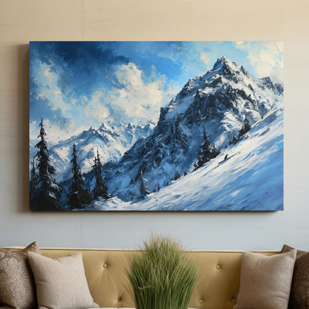 Textured oil painting of alpine snowy mountain