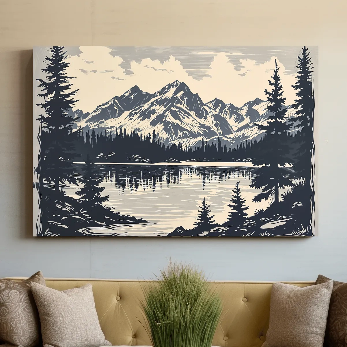 Alpine lake artwork, linocut style art