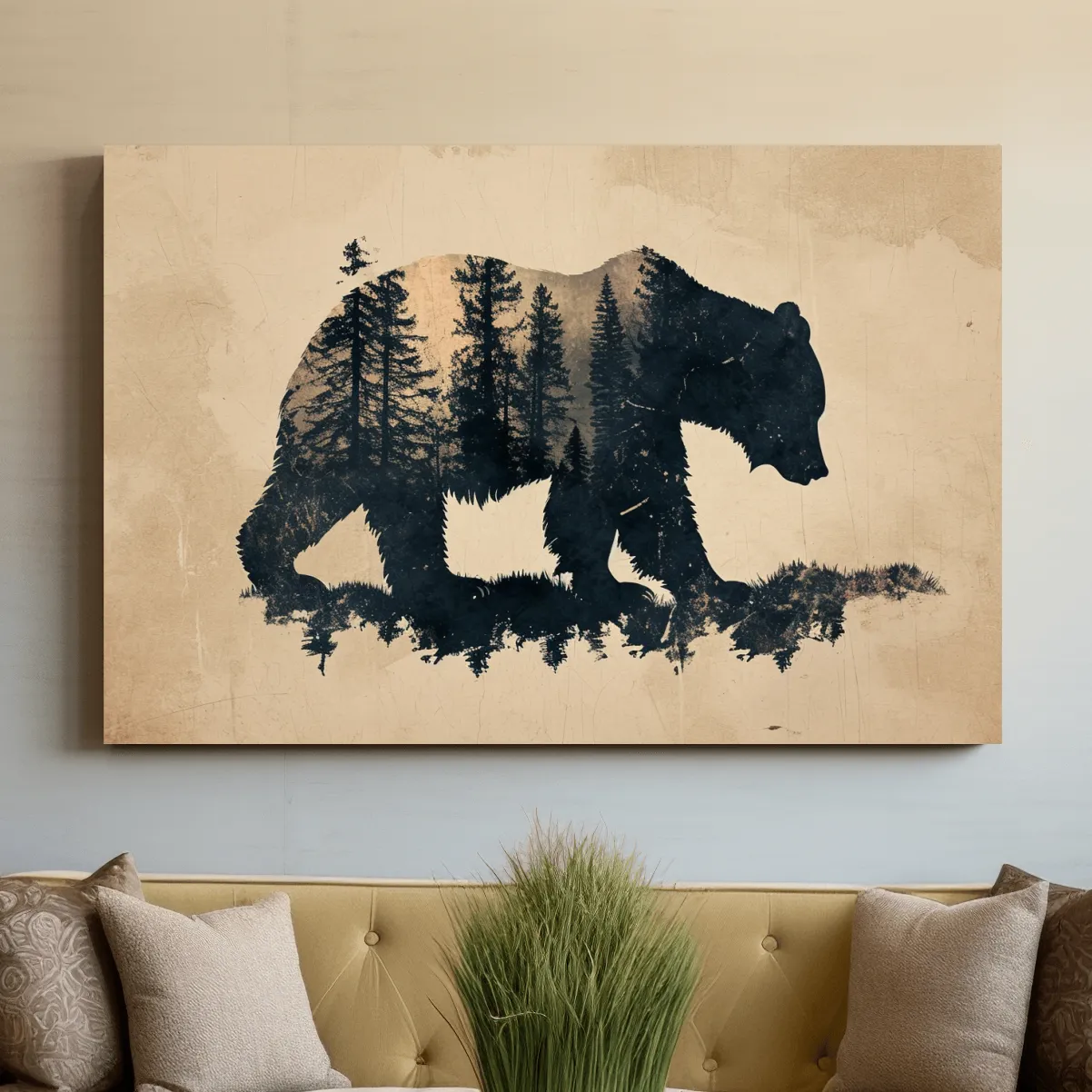 Vintage grizzly bear illustration artwork, double exposure sepia style