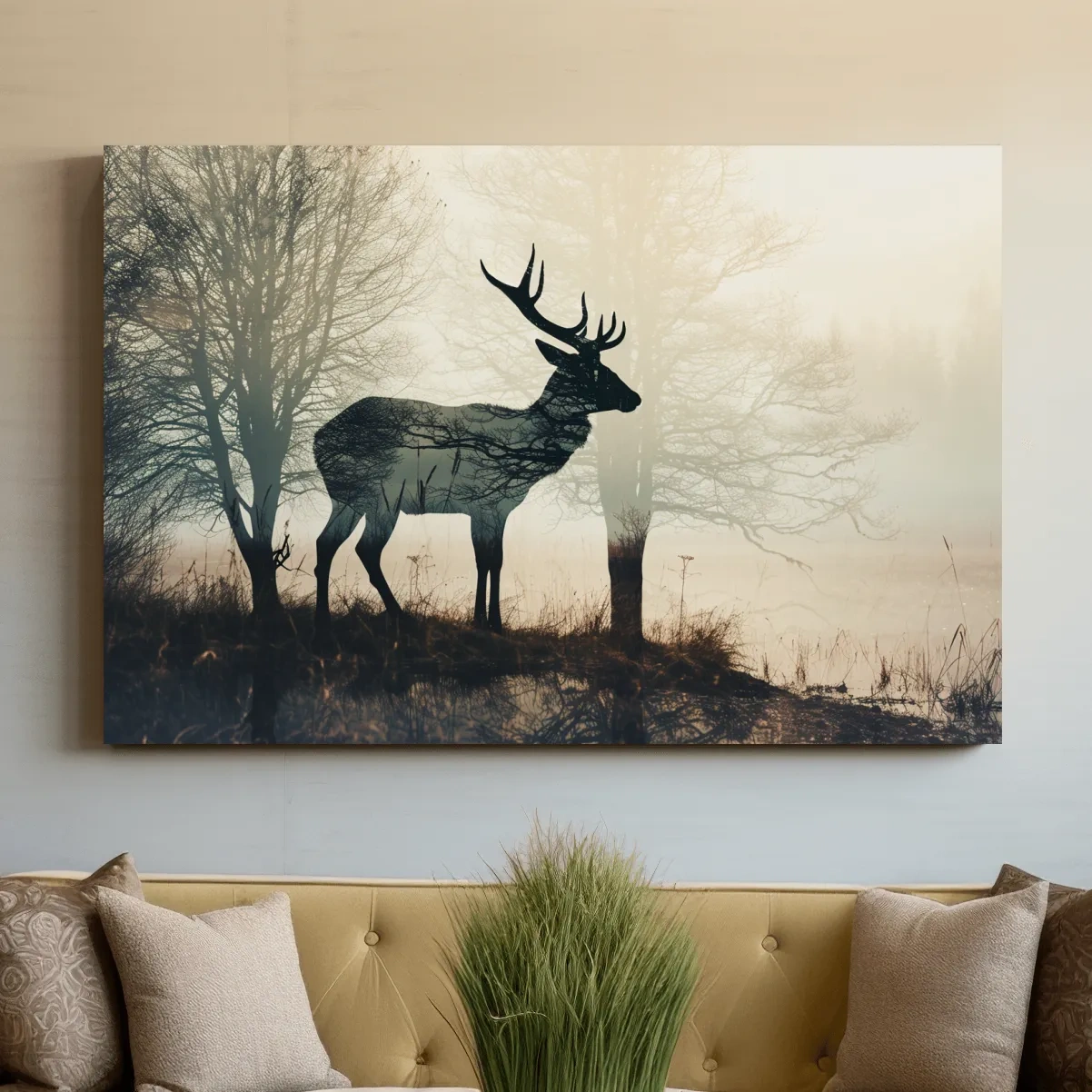 Double exposure photographic artwork of a deer silhouette in the forest
