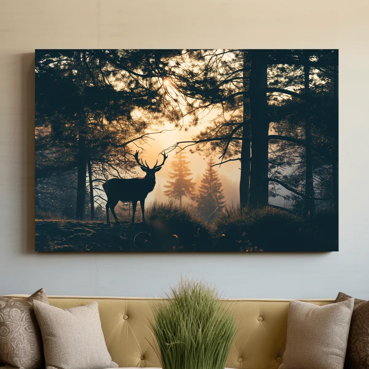 Photograph of a deer silhouette in the forest at sunset