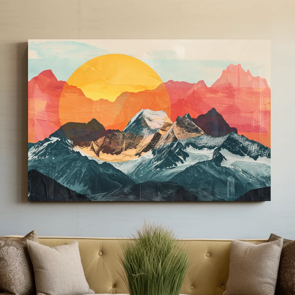 Abstract Alpine Mountains With Golden Sun - Modern Collage Landscape Artwork