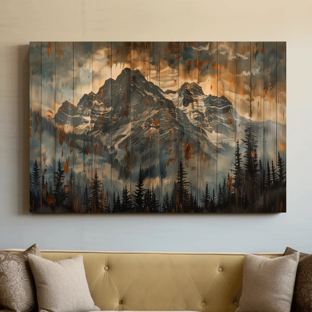 Rustic Mountain Range Painting - Alpine Forest Wood Panel Wall Art