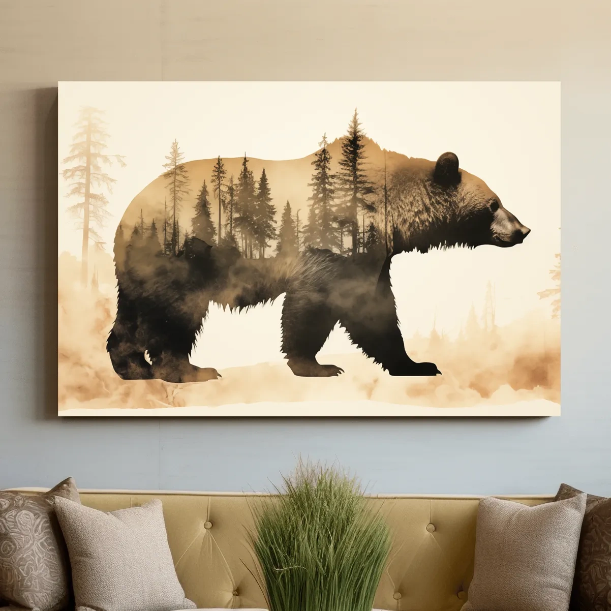Double exposure vintage style artwork, a grizzly bear and a forest
