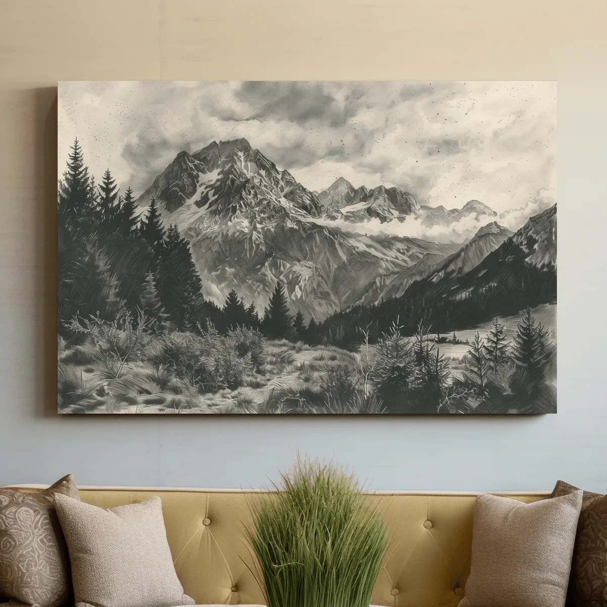 Lead pencil drawing, alpine meadows glacier artwork