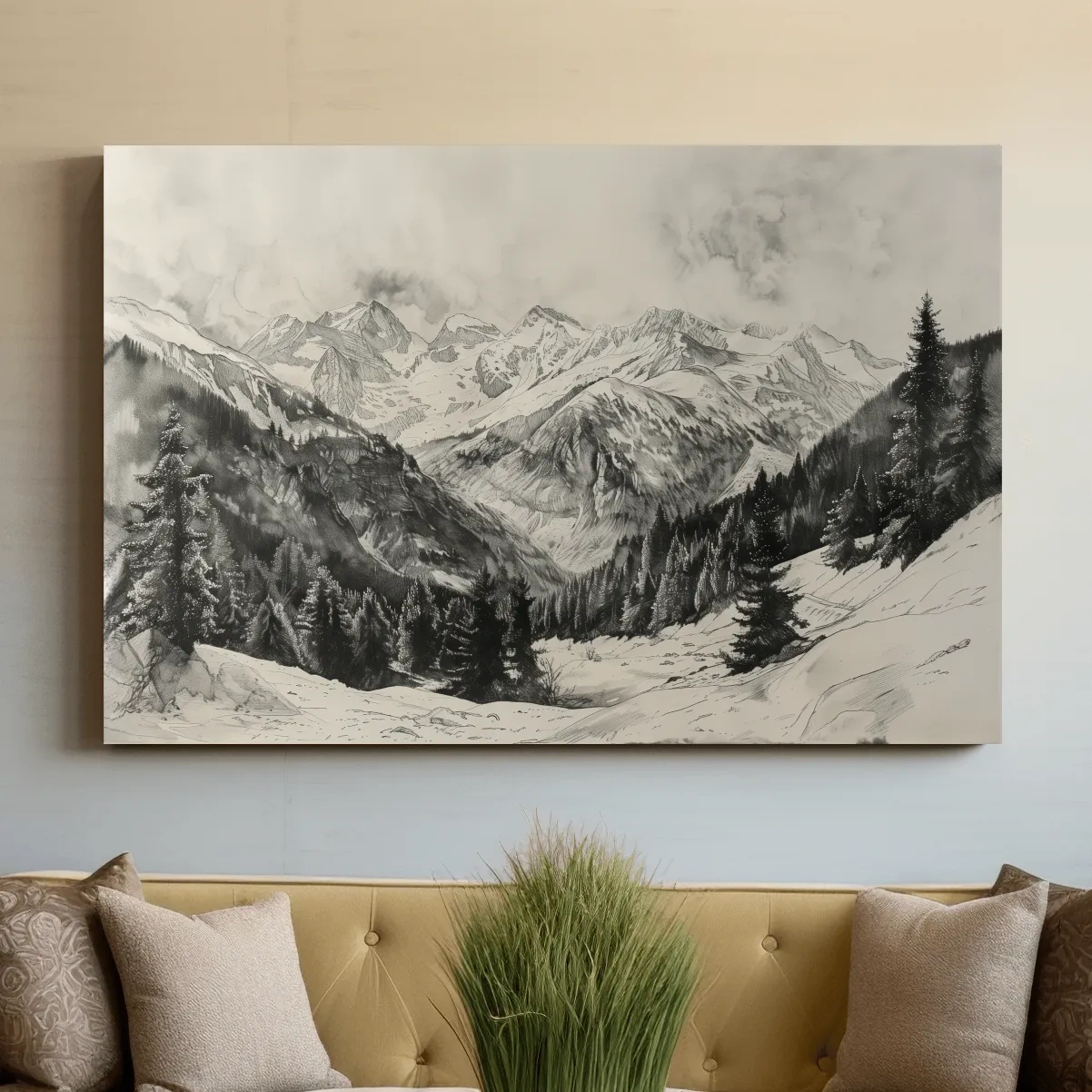 Lead pencil drawing, alpine forest and glacier mountain artwork