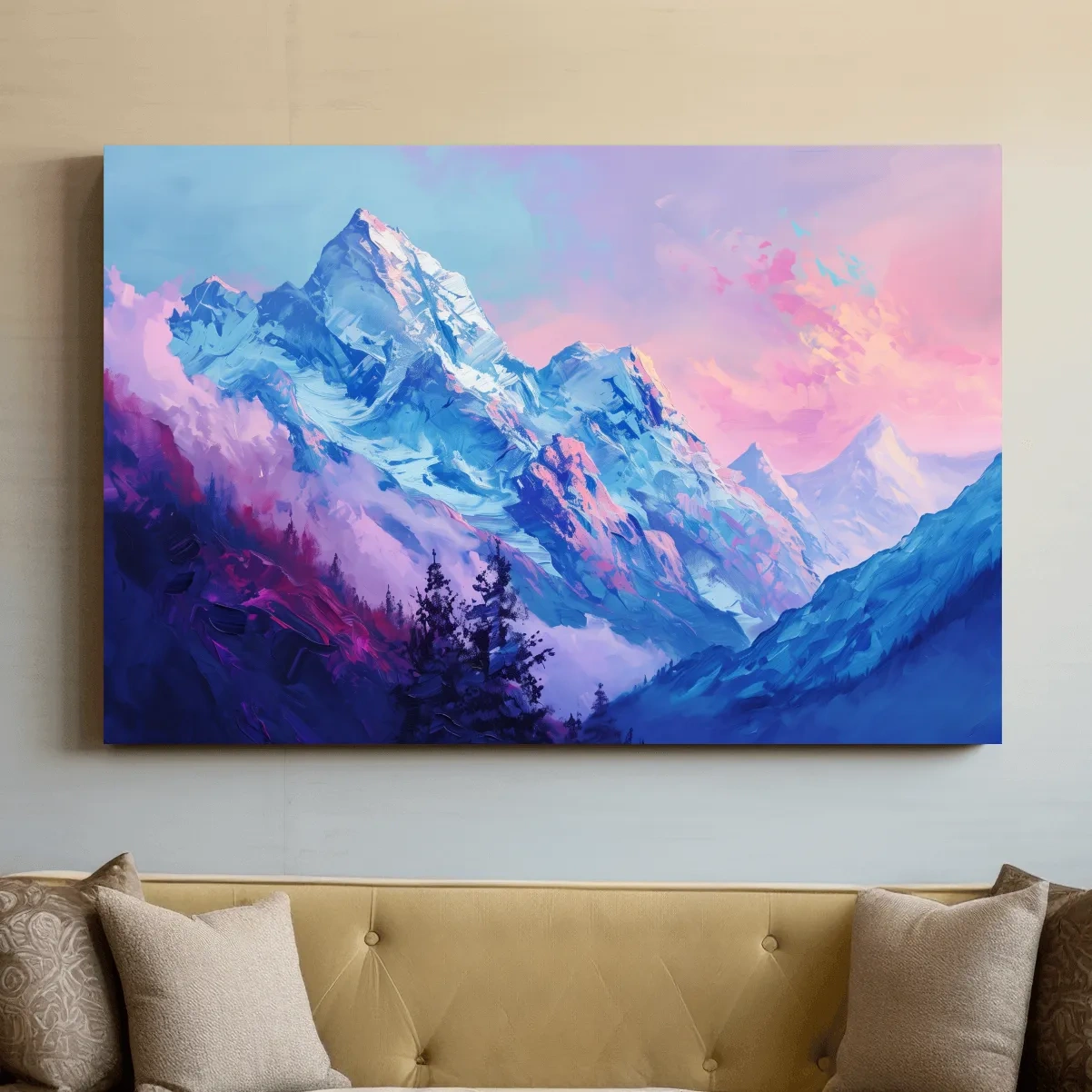 Vibrant Impressionism Alpine Mountain Painting - Colorful Snowy Peaks Wall Art