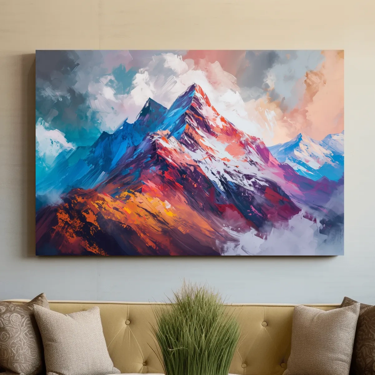 Vibrant impressionism style textured mountain painting artwork
