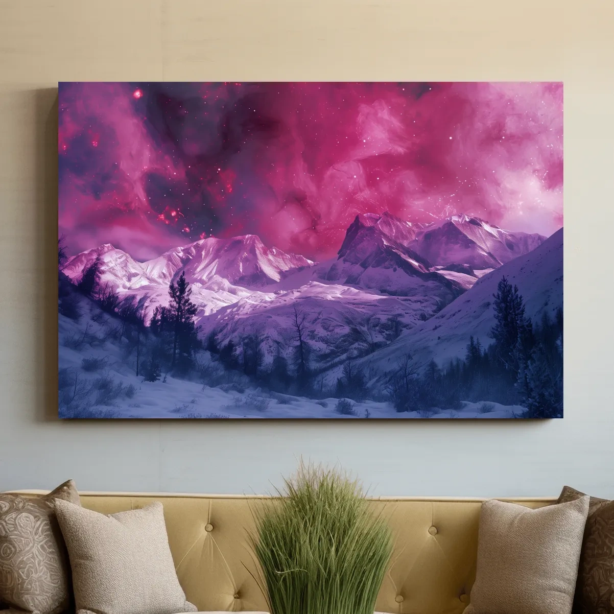 Beautiful pink and purple nebula galaxy sky over snowy glacier mountains, surreal fantasy art style
