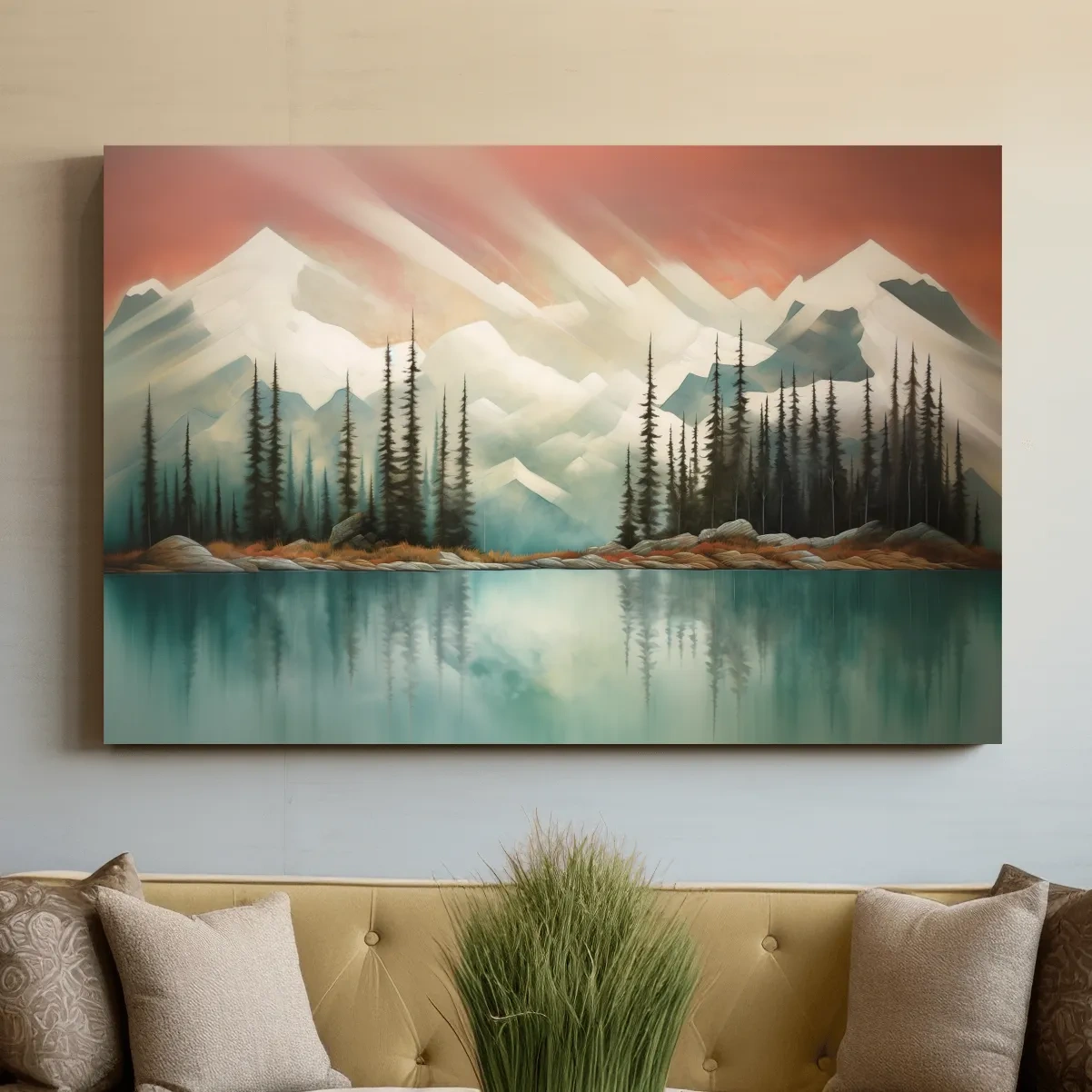 Trees on a beautiful alpine lake, mountain painting, abstract