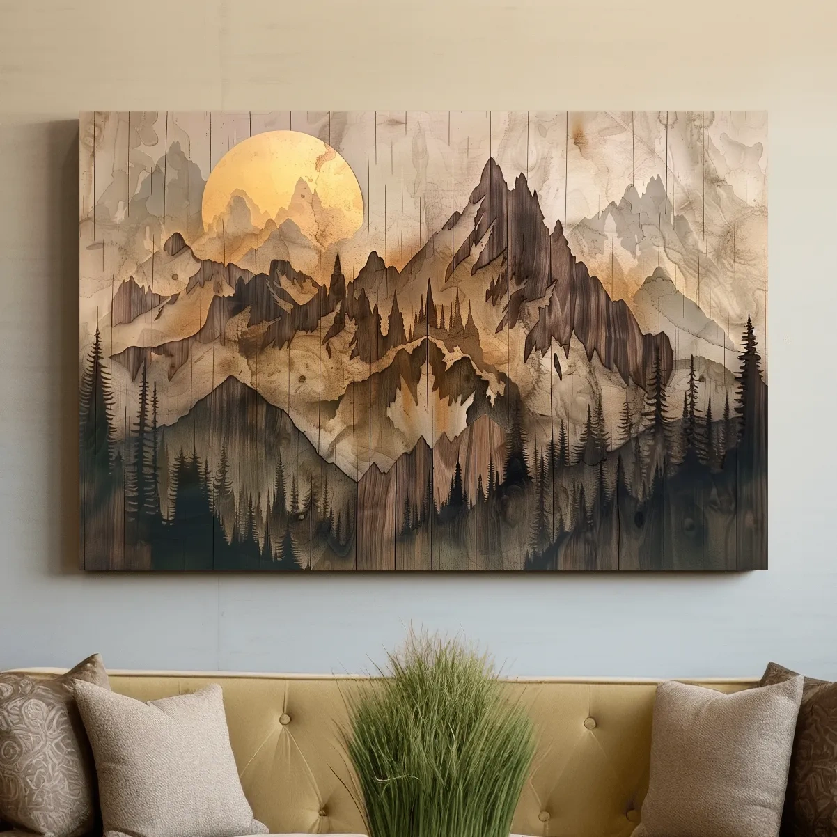 Rustic wood panel effect alpine mountain forest wall art, wood burning effect cabin artwork