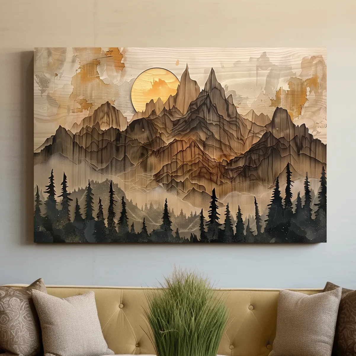 Mountain and forest artwork, rustic peeled paint on wood effect