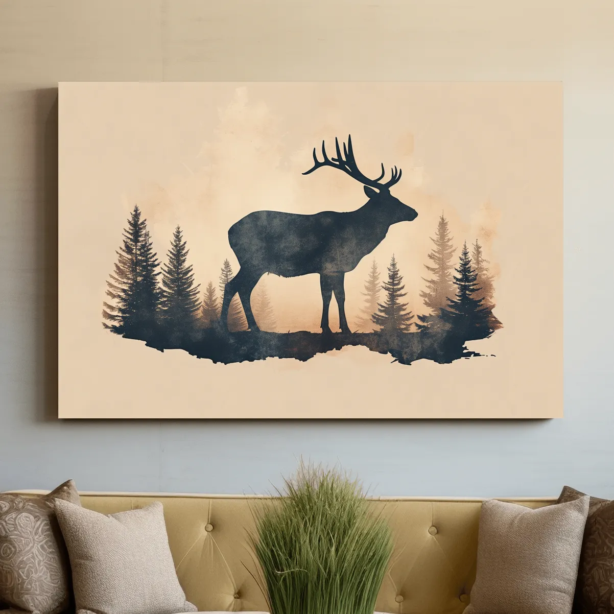 Vintage Sepia Deer Silhouette In Pine Forest - Rustic Woodland Artwork