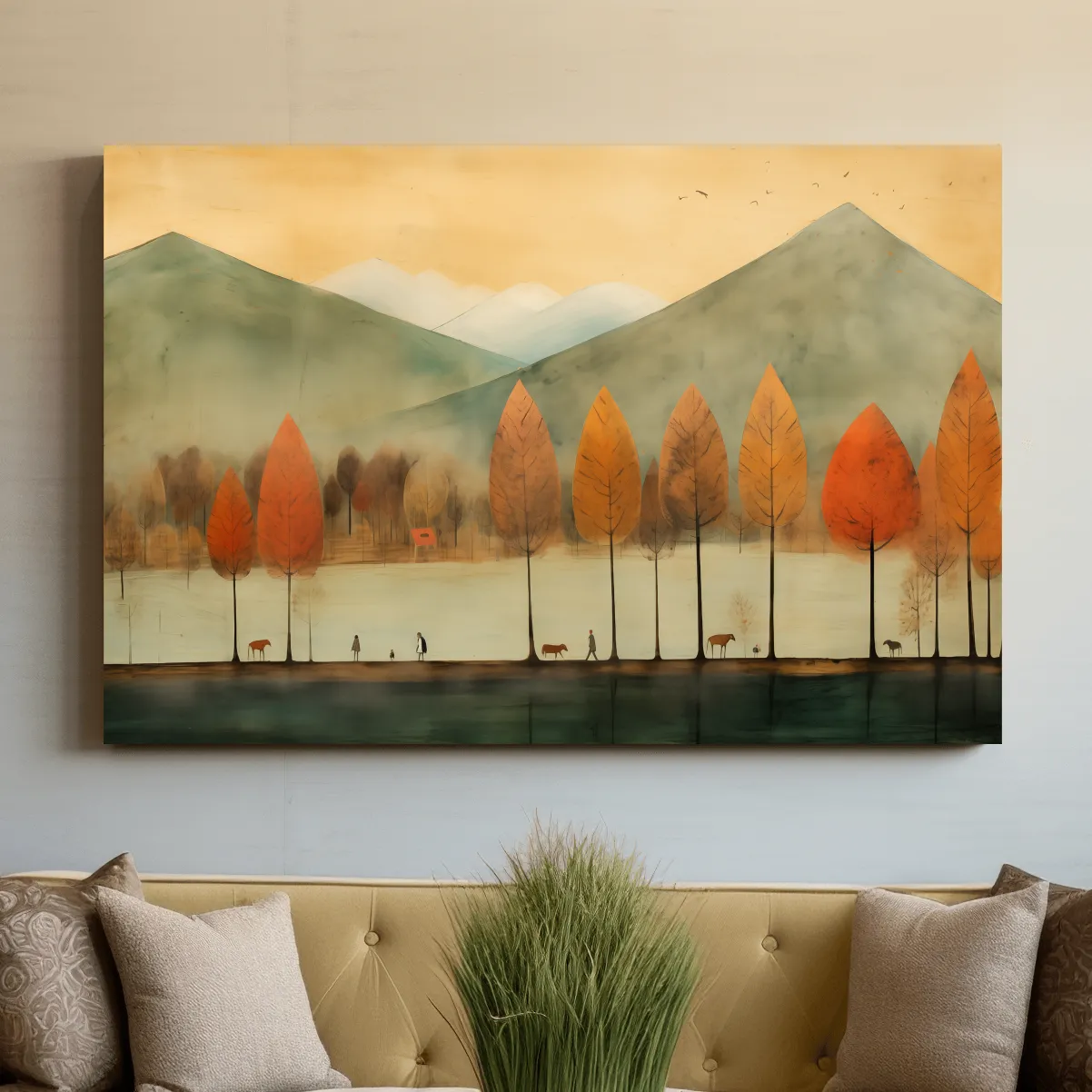 Textured painting of characters on a treelined lake in fall