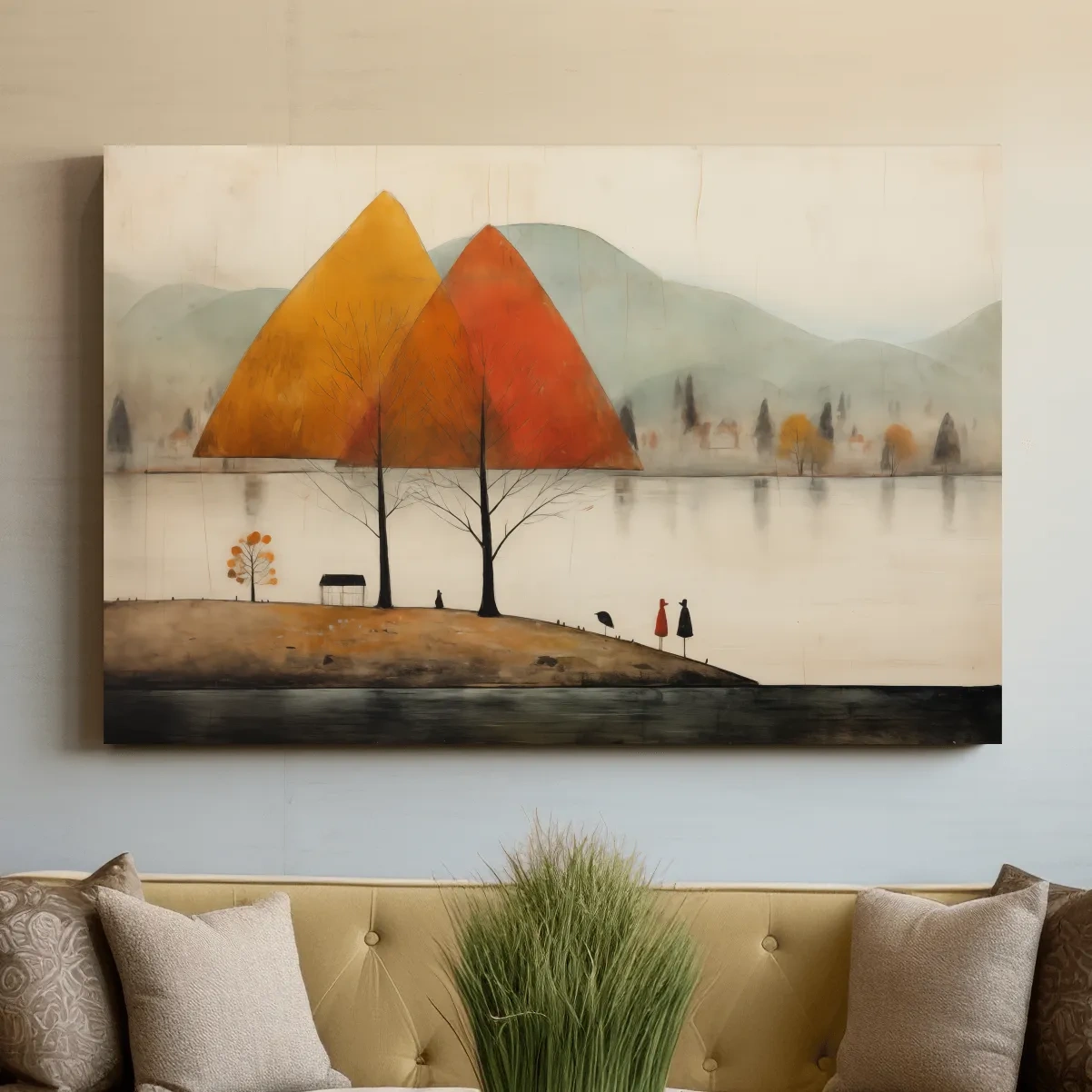 Autumn Mountains Over Misty Lakeside - Quirky Landscape Artwork