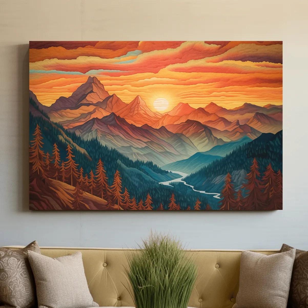 Textured effect artwork of a mountain landscape at sunset