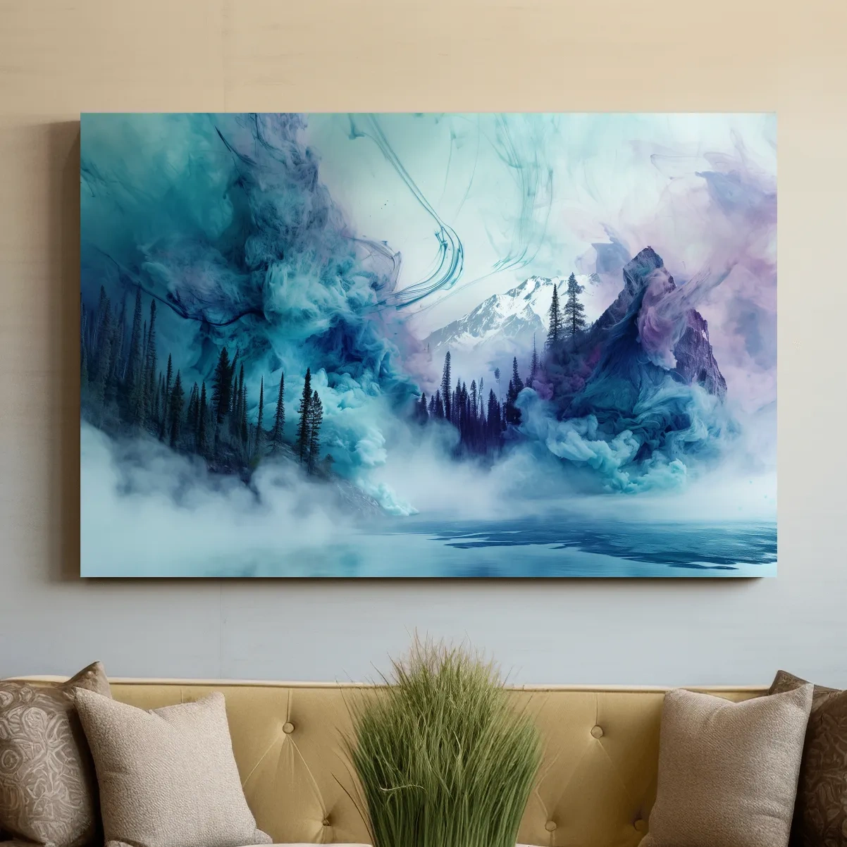 Abstract mountain painting, fog swirling through an alpine lake