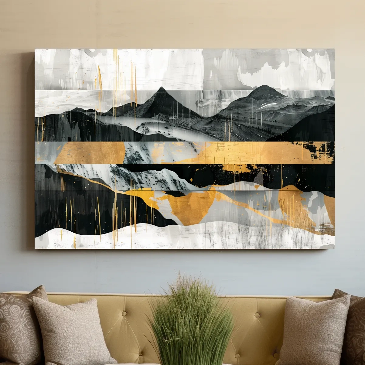 Abstract Monochrome Mountain Range With Gold Accents - Modern Mixed Media Landscape Wall Art