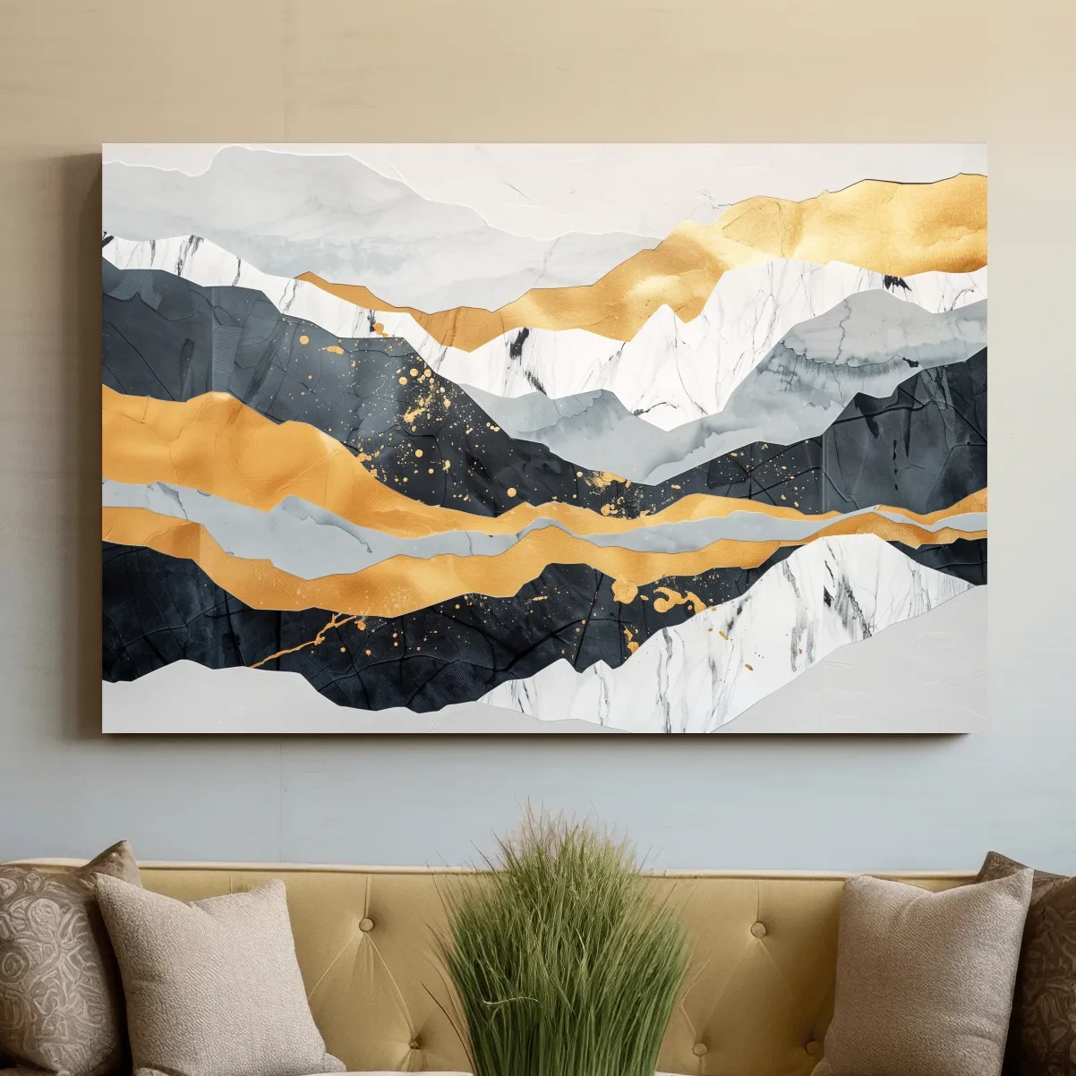 Abstract layered mixed media artwork, elegant mountain ridgelines, large format wall art